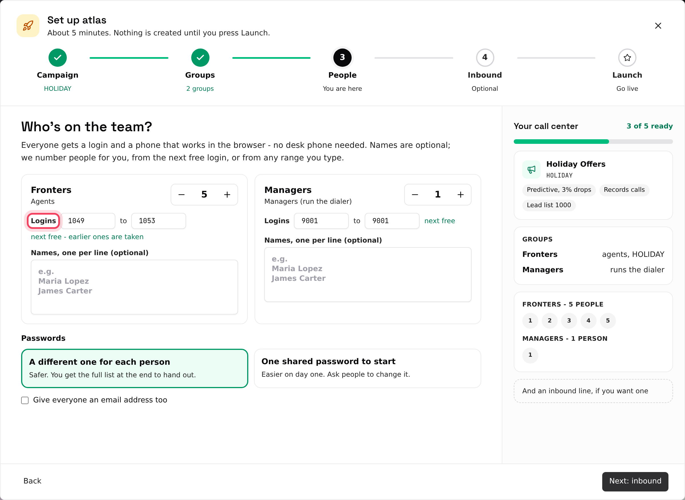 The People step: login ranges, names and passwords