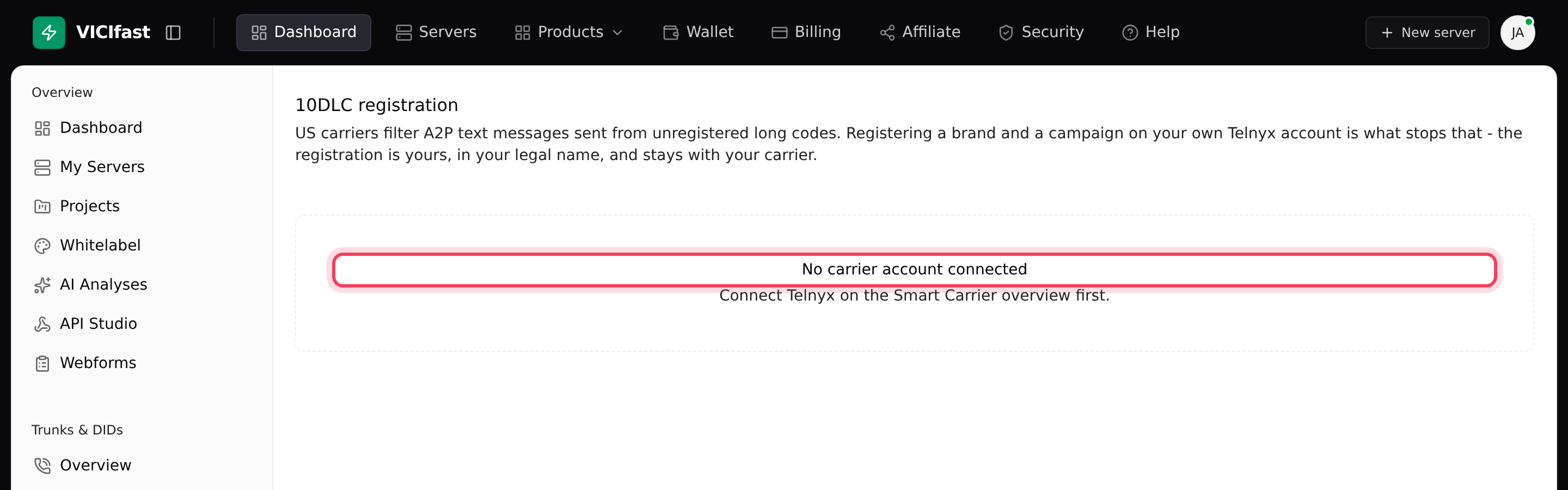 Before you connect a Telnyx account, the 10DLC page says No carrier account connected