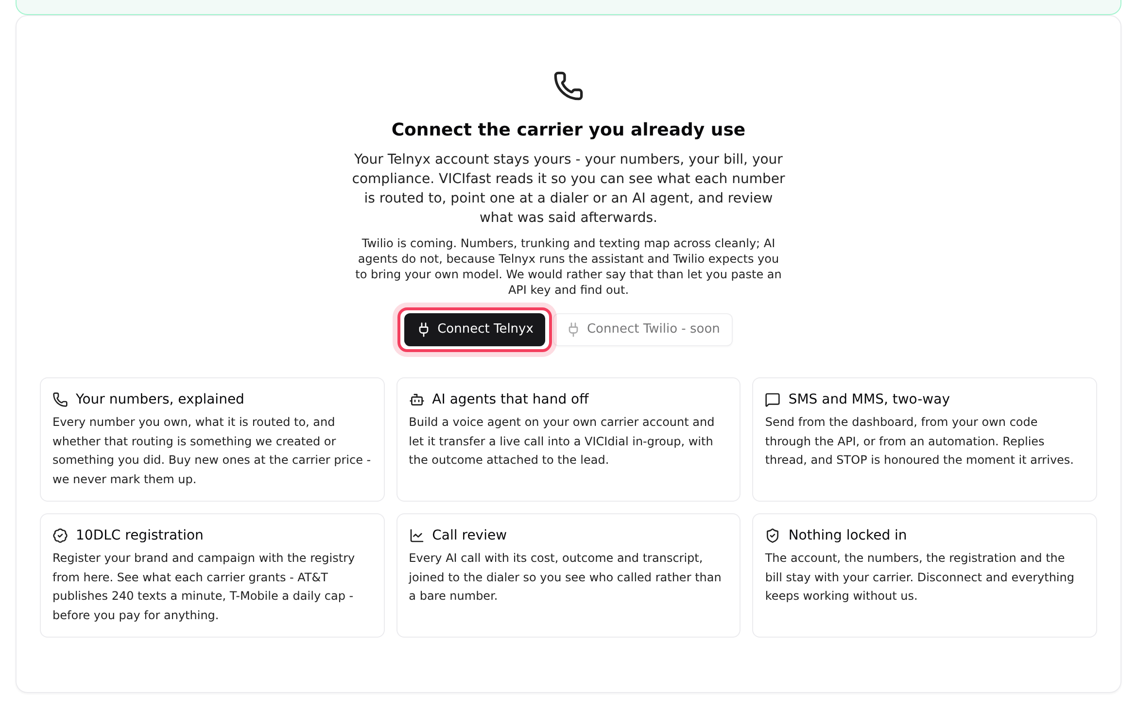Before you connect, Overview shows Connect Telnyx (Twilio is marked soon)