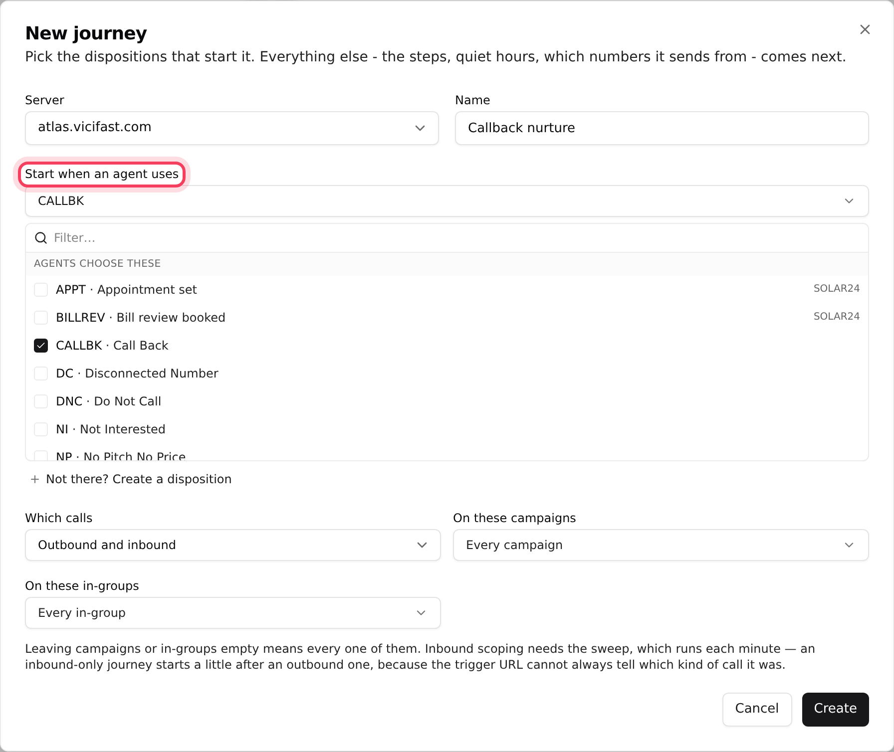 New journey: the call results, calls and campaigns that start it