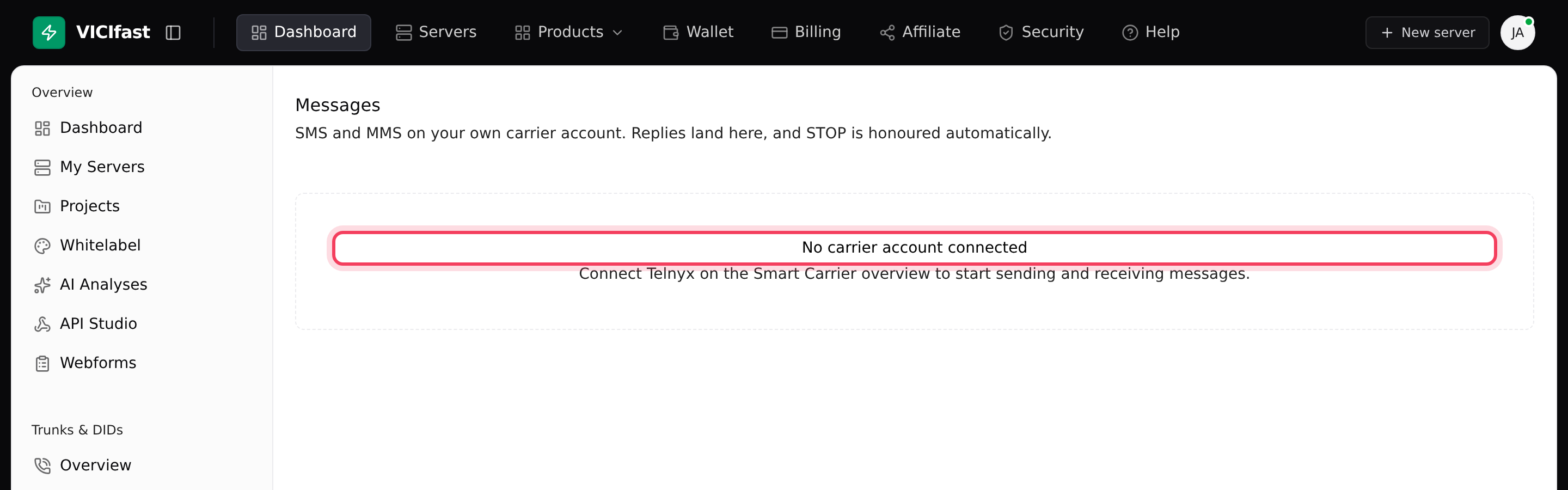 Before you connect a Telnyx account, Messages says No carrier account connected
