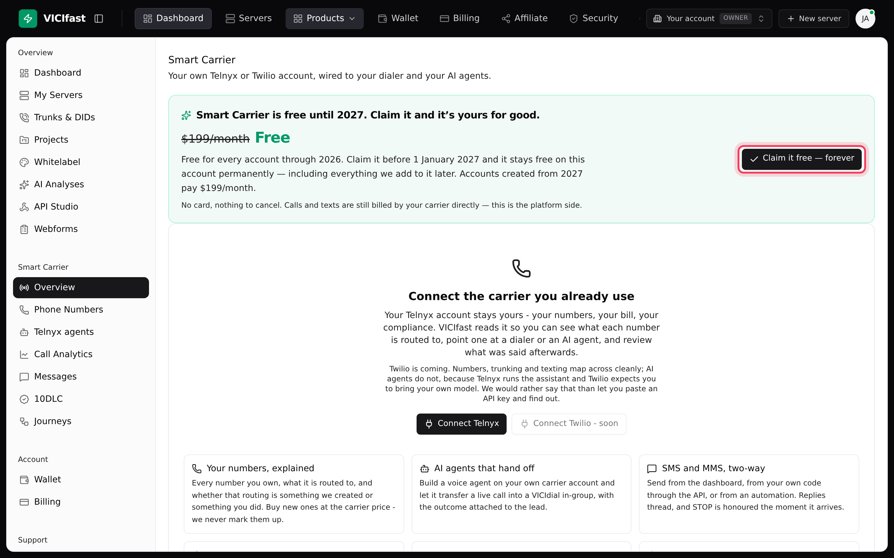 The Smart Carrier Overview with the claim banner at the top
