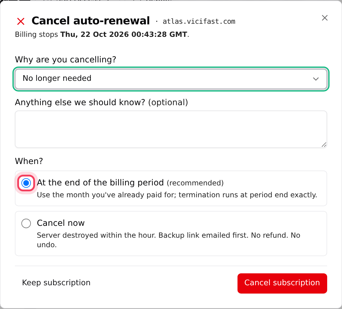 Cancel at the end of the billing period: pick a reason and keep the recommended option