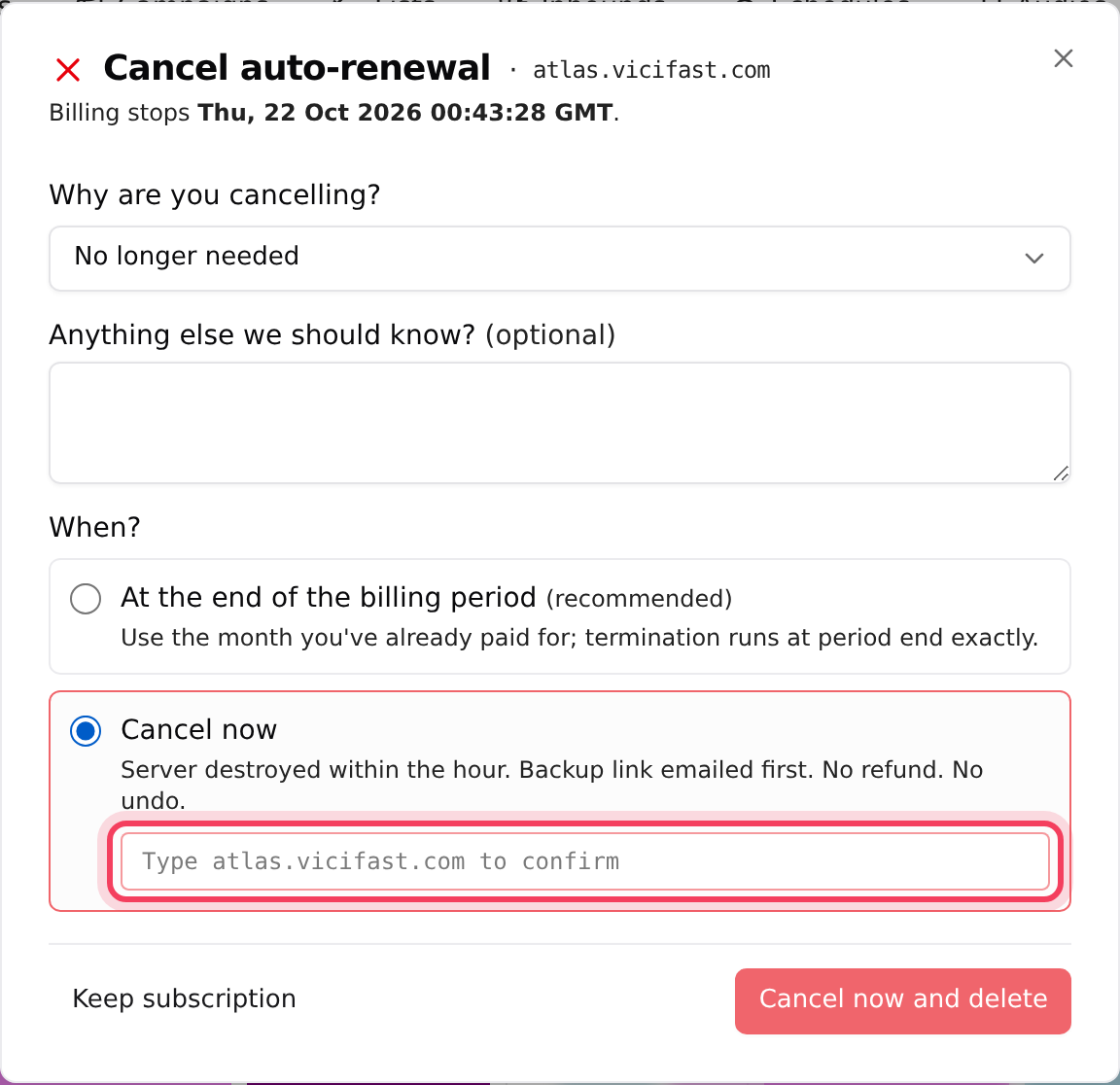 Cancel now: type the full address to unlock the delete button