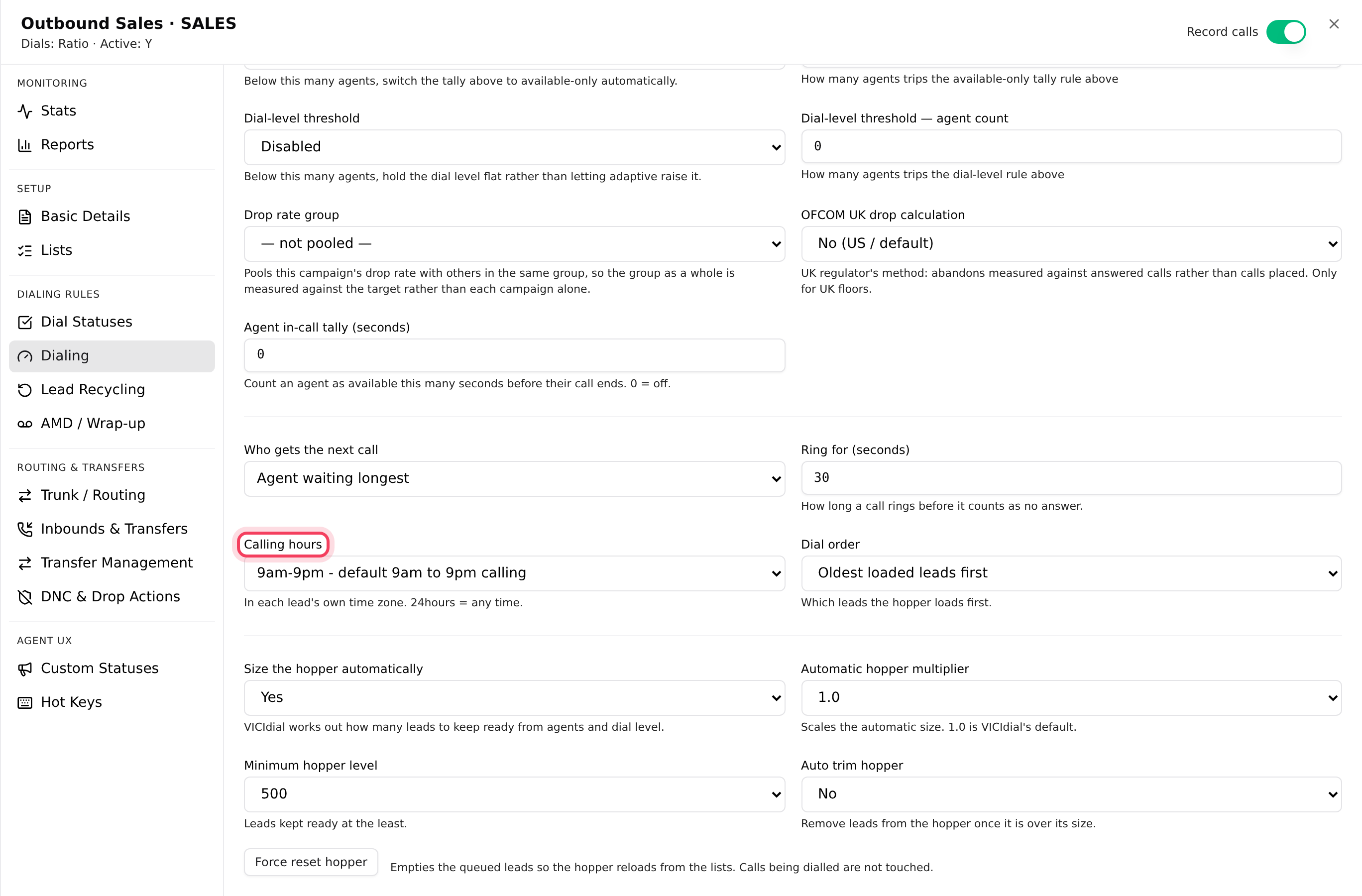 Choosing Calling hours on the campaign’s Dialing tab