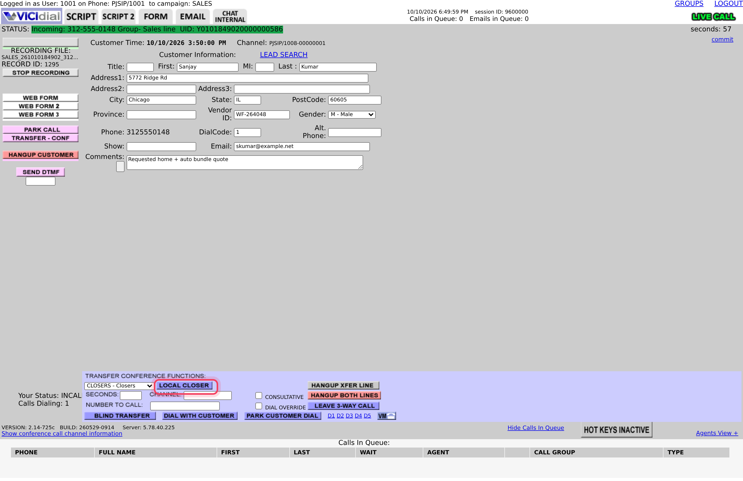 The agent's transfer panel during a call