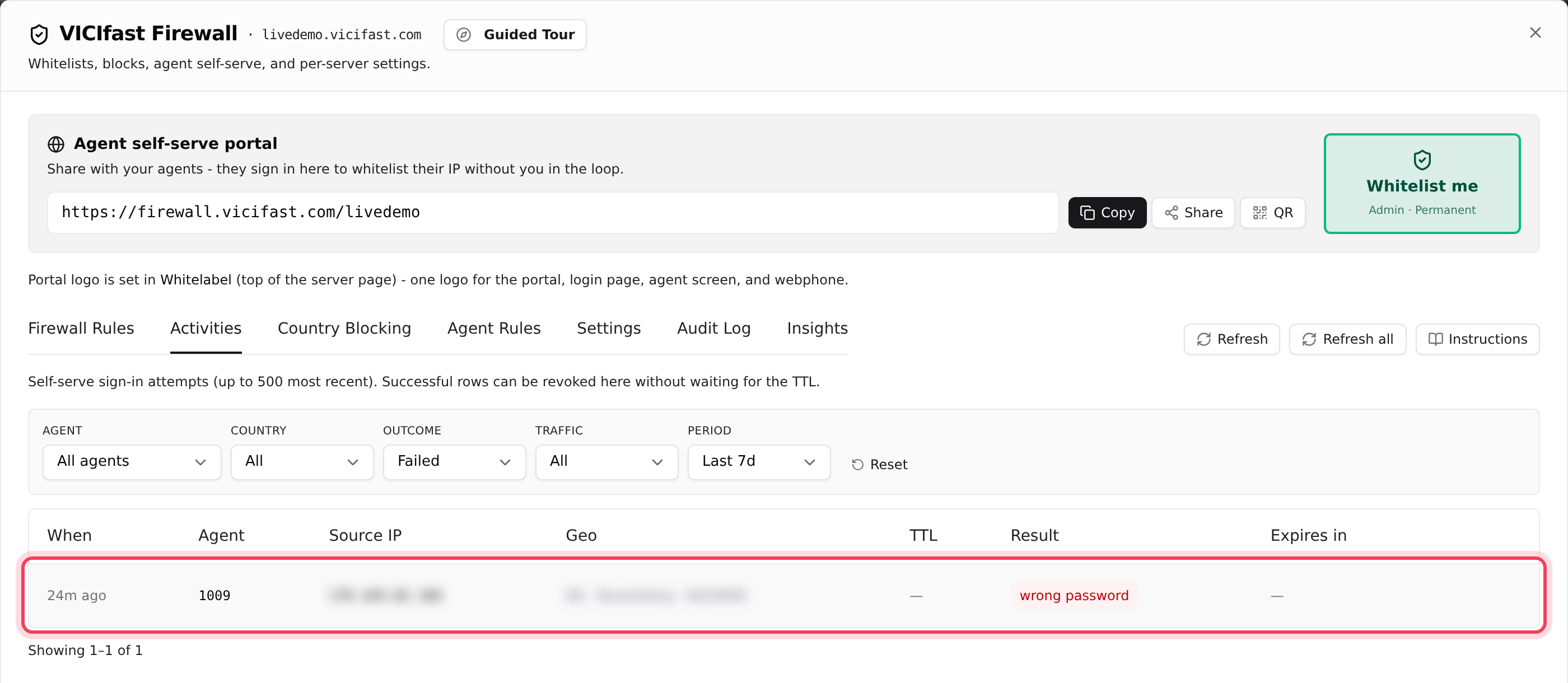 The Activities tab: every try on the agent link and its result