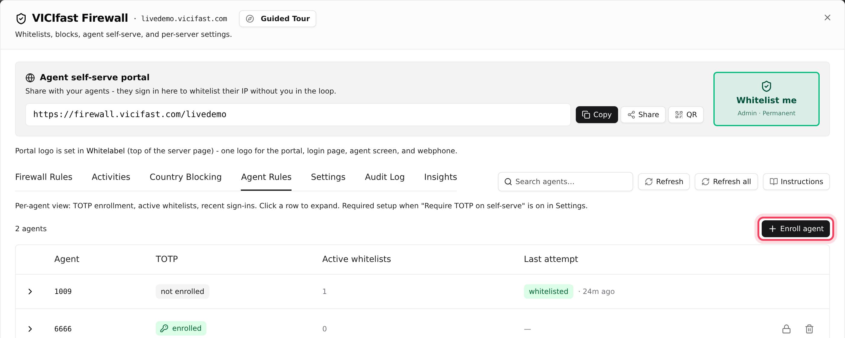 The Agent Rules tab: TOTP state per agent and Enroll agent