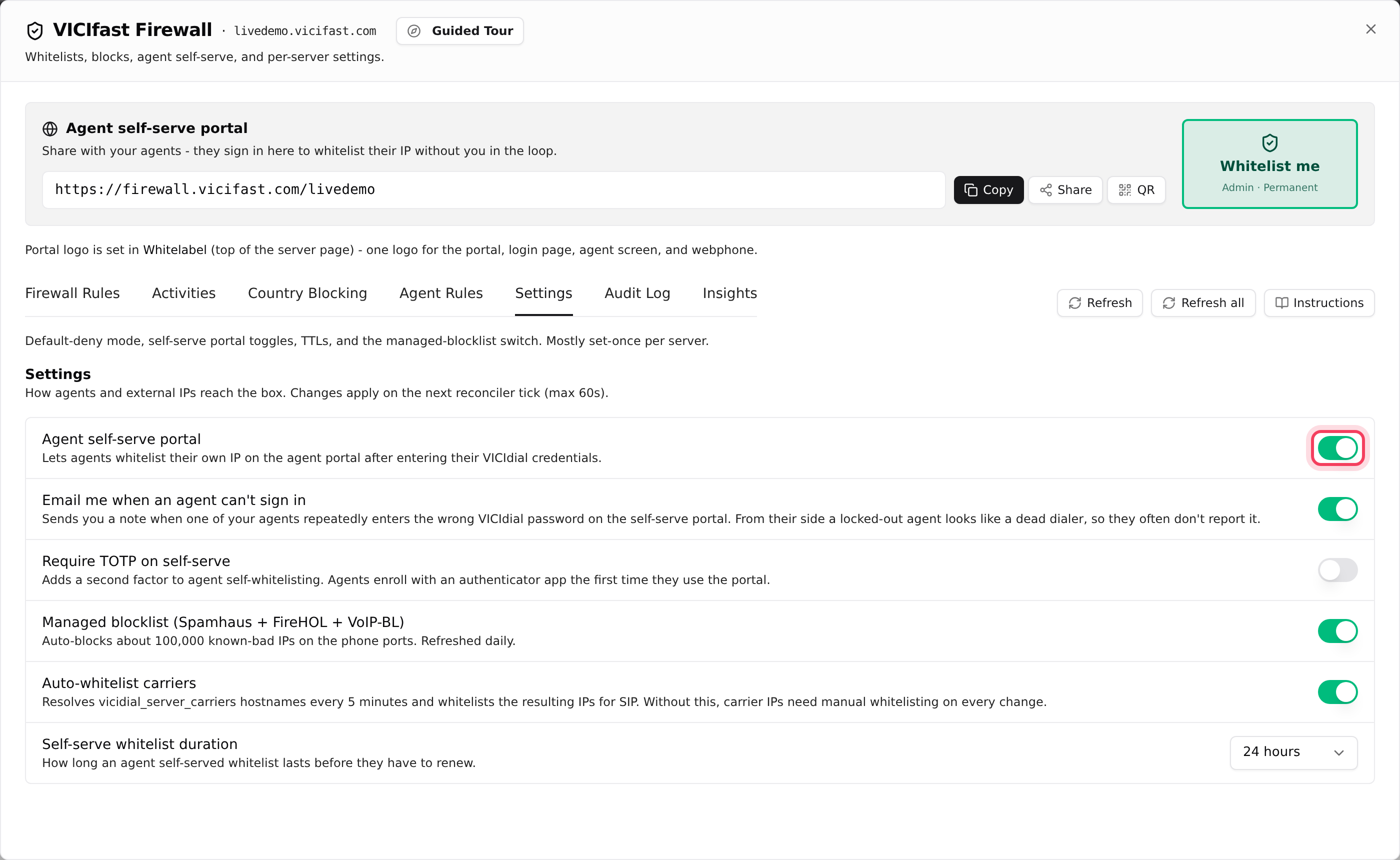 Firewall Settings: the agent link switch and how long approvals last