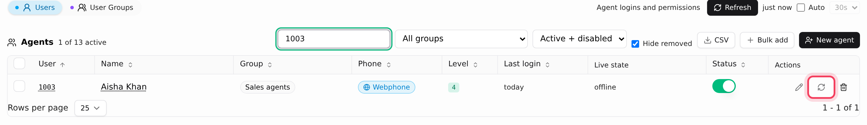 The Users tab: the Status switch and Reset password on an agent's row