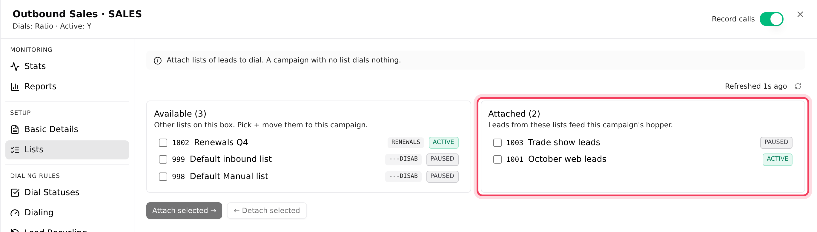 A campaign's Lists tab: attached lists must be Active
