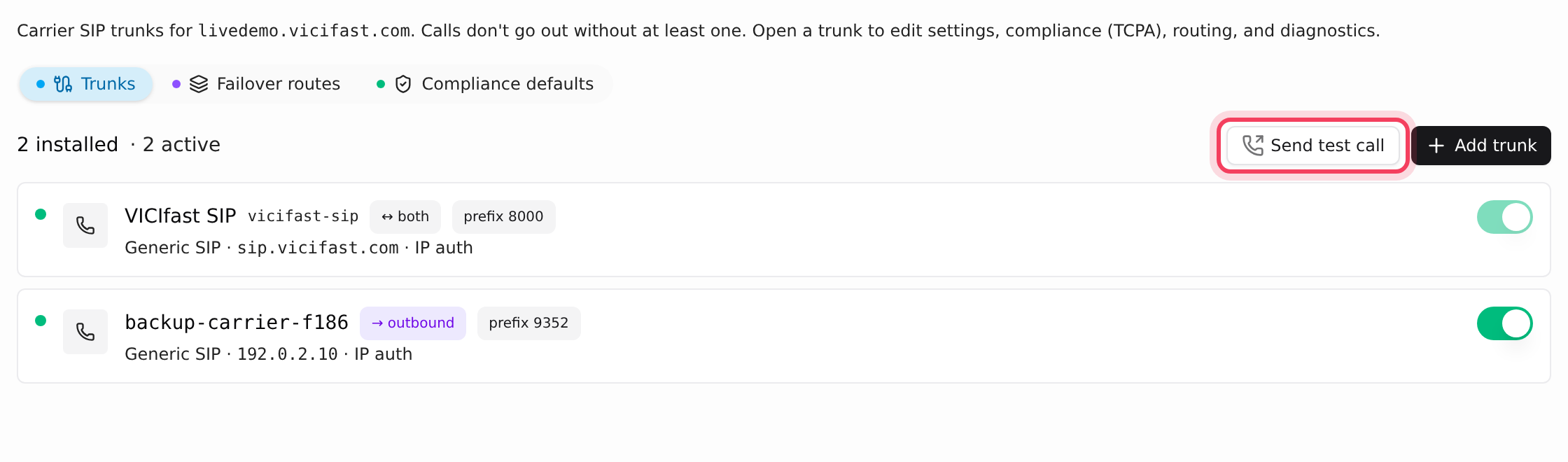 The Trunks tab with Send test call