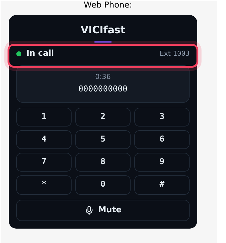 The phone on the agent screen, connected: In call, with the agent's extension