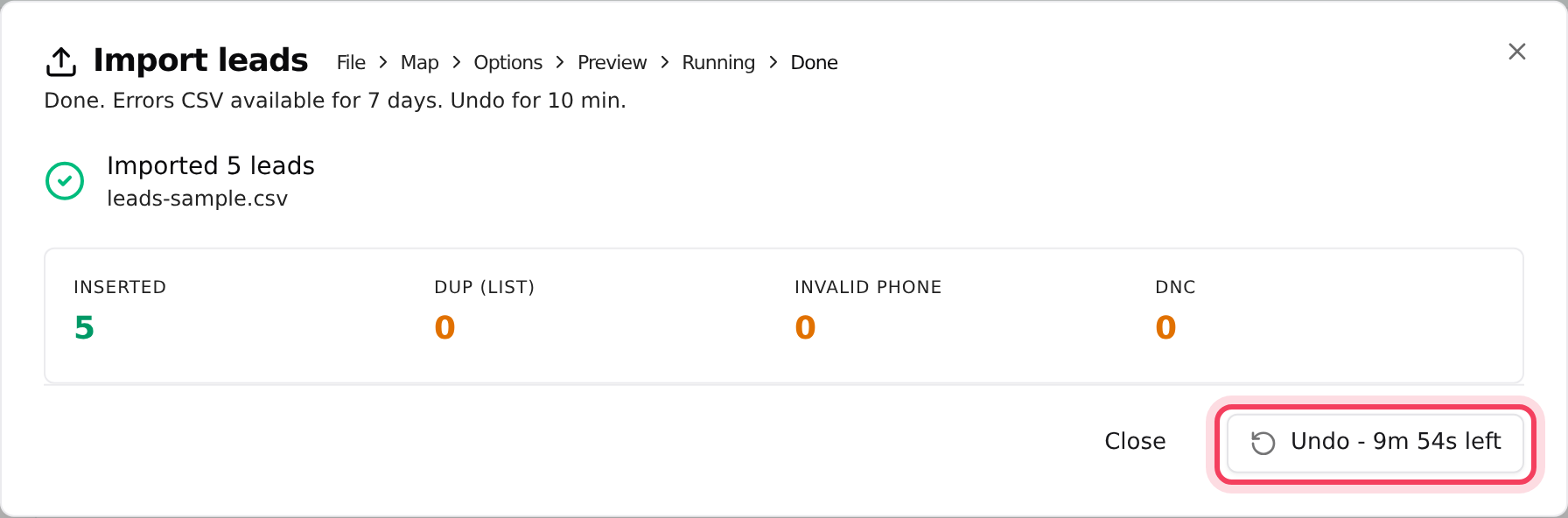 A finished import: the counts and the Undo countdown