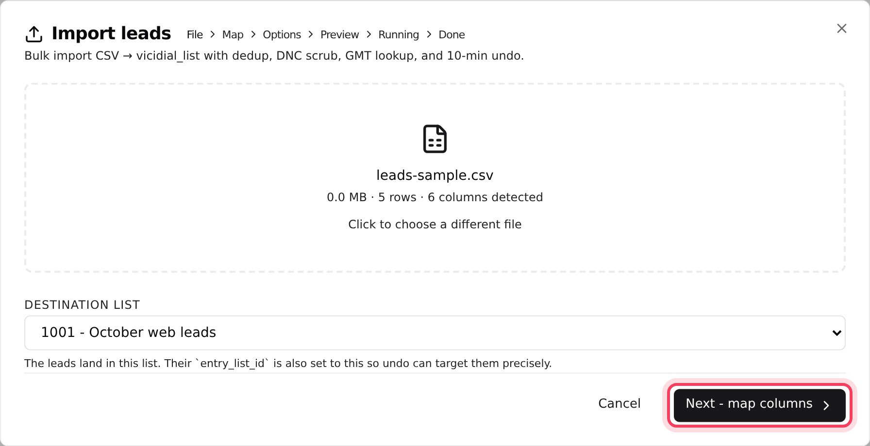 Step 1 of the import: the file and the destination list