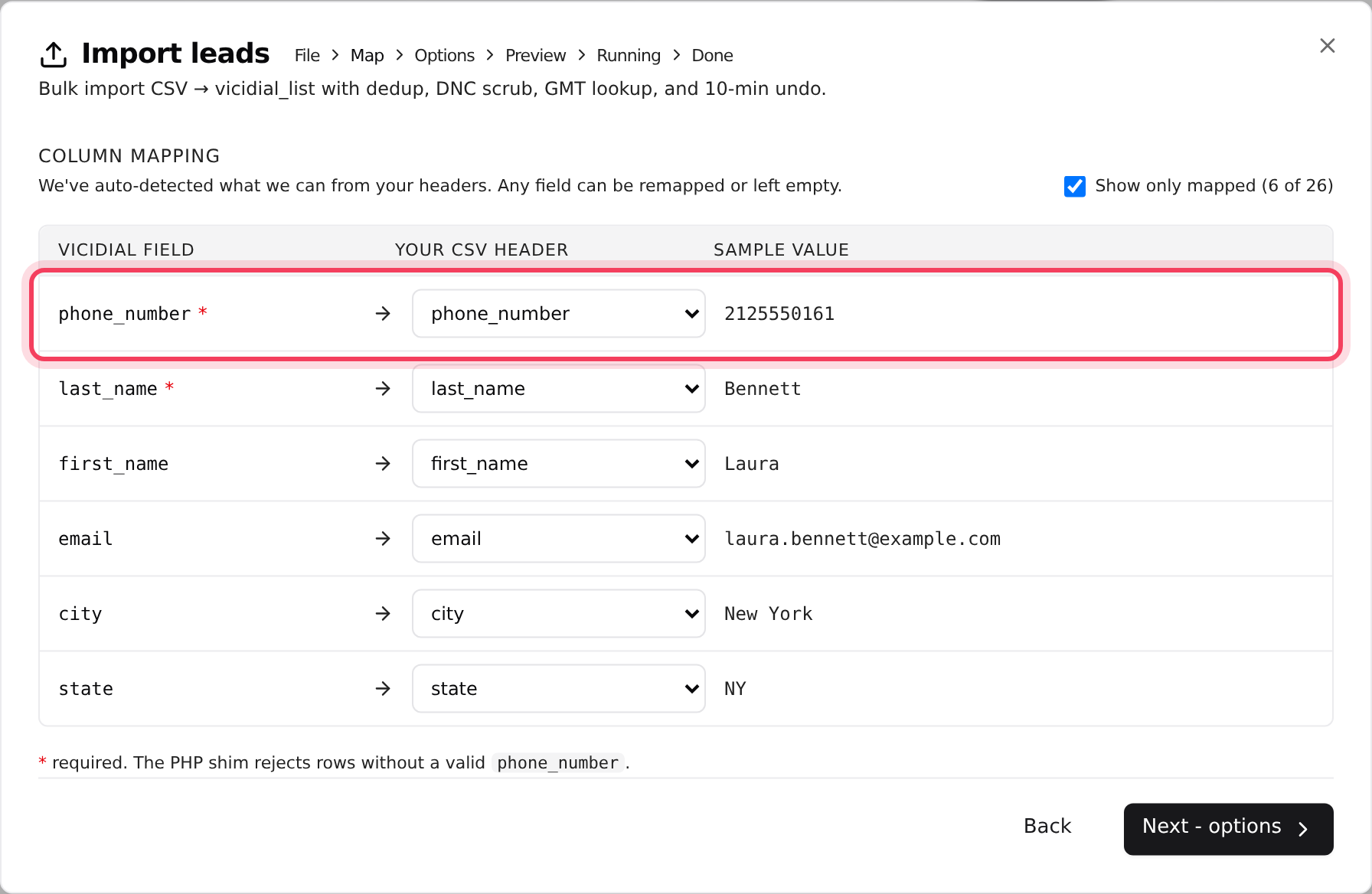 Matching CSV columns to lead fields; phone_number and last_name are required