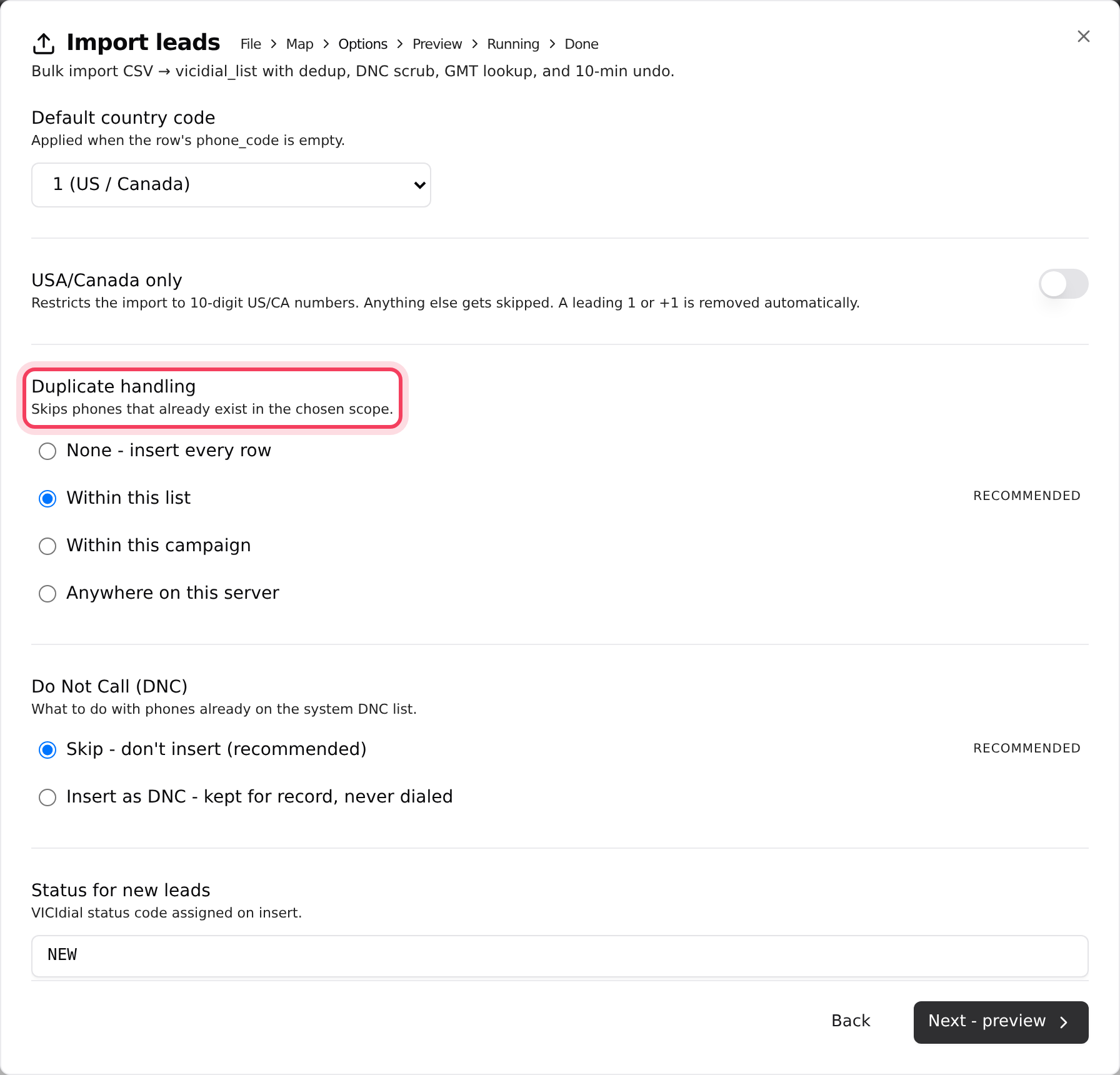 Import options: duplicates, do-not-call and the default status