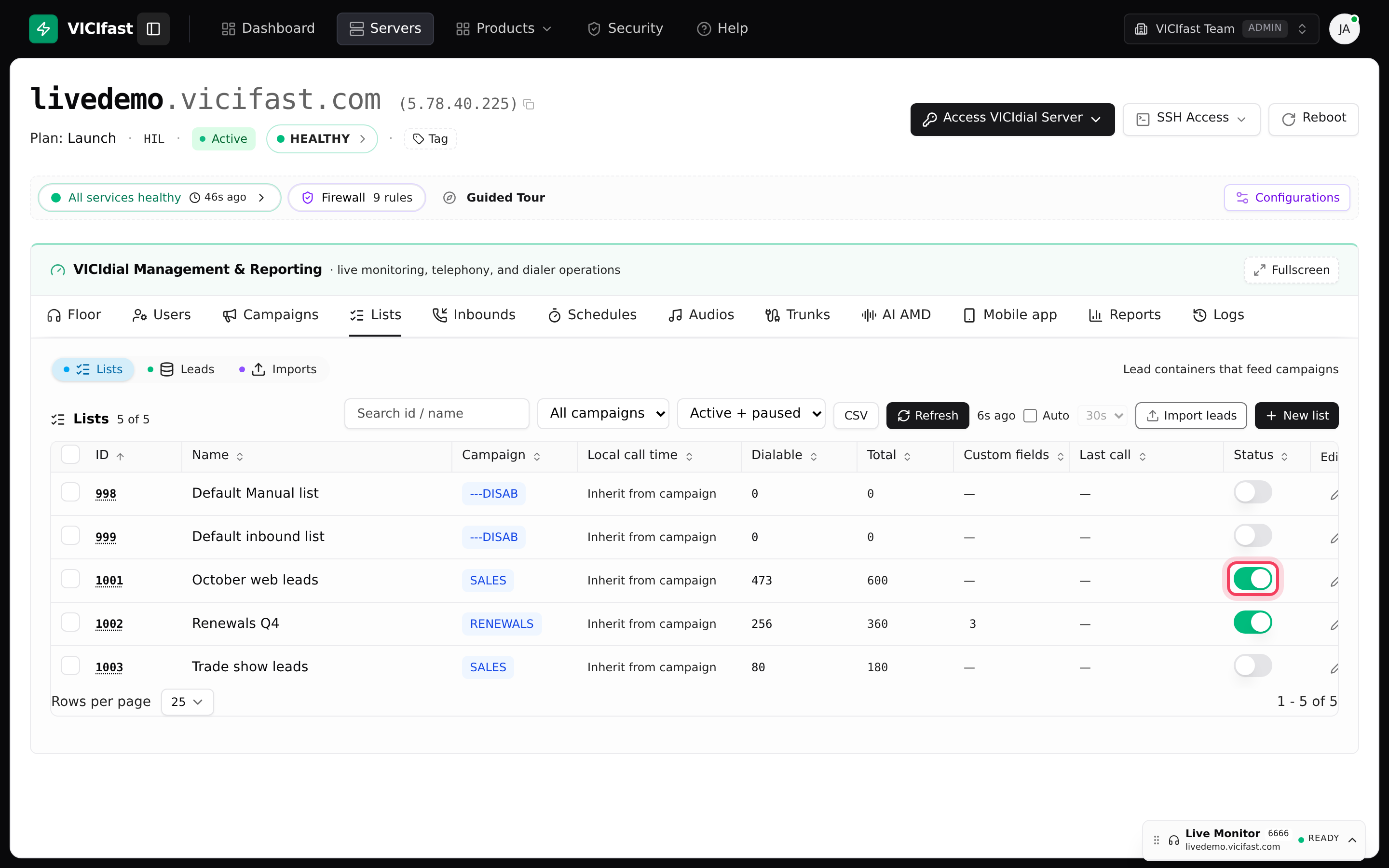 The Lists pill: each list’s campaign, dialable and total leads, and Status switch