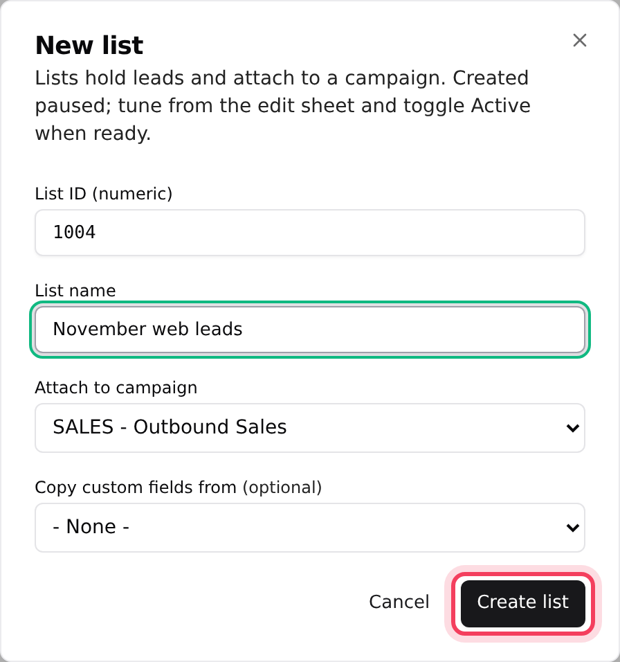 The New list form: a number, a name and a campaign