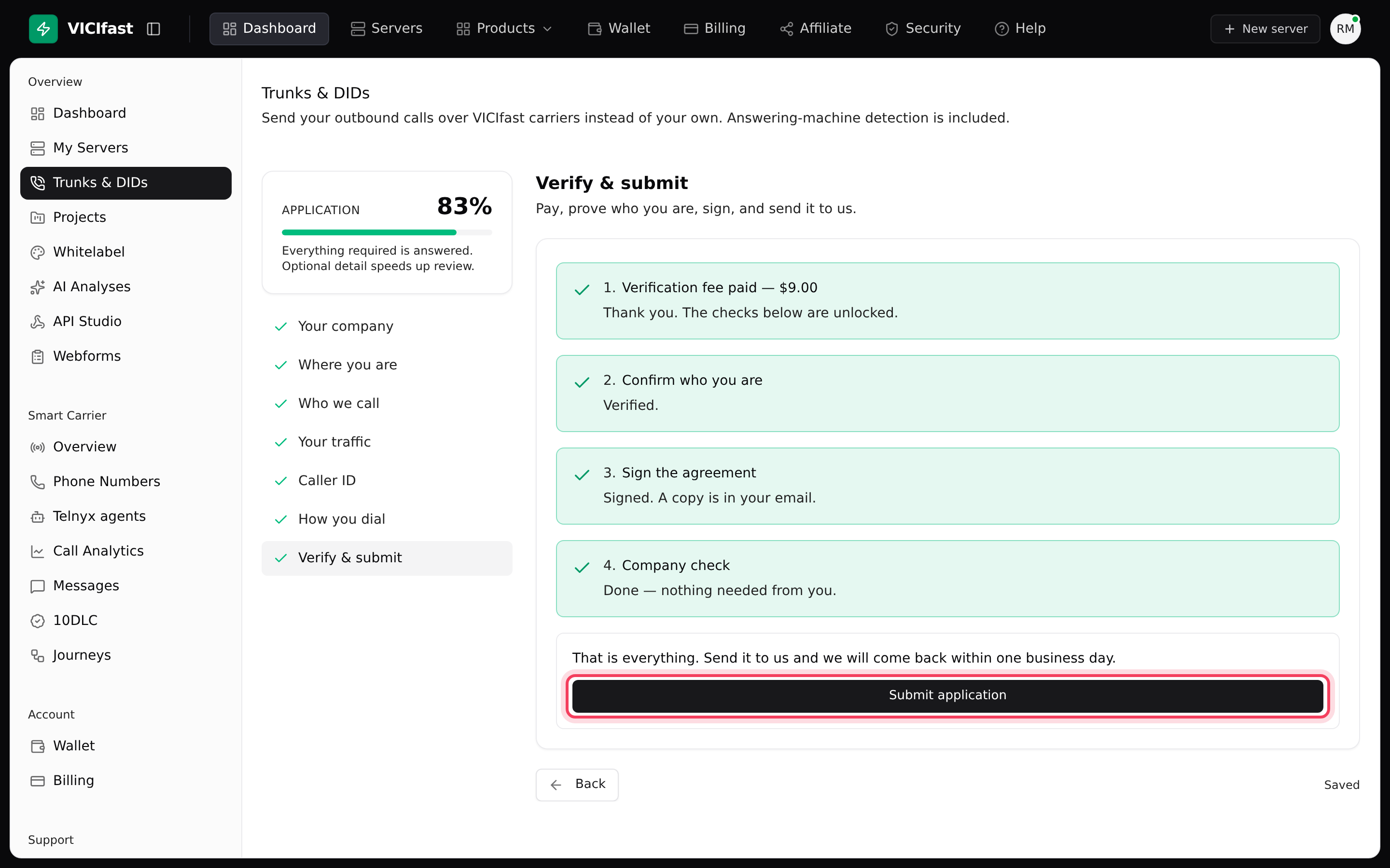 Verify & submit: pay, confirm who you are, sign, then send