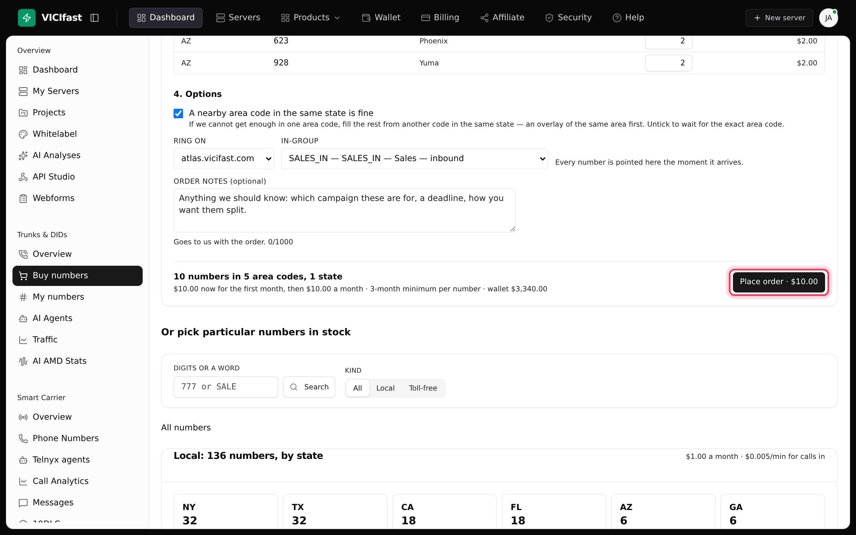 Order numbers: pick where they ring, then Place order shows the total