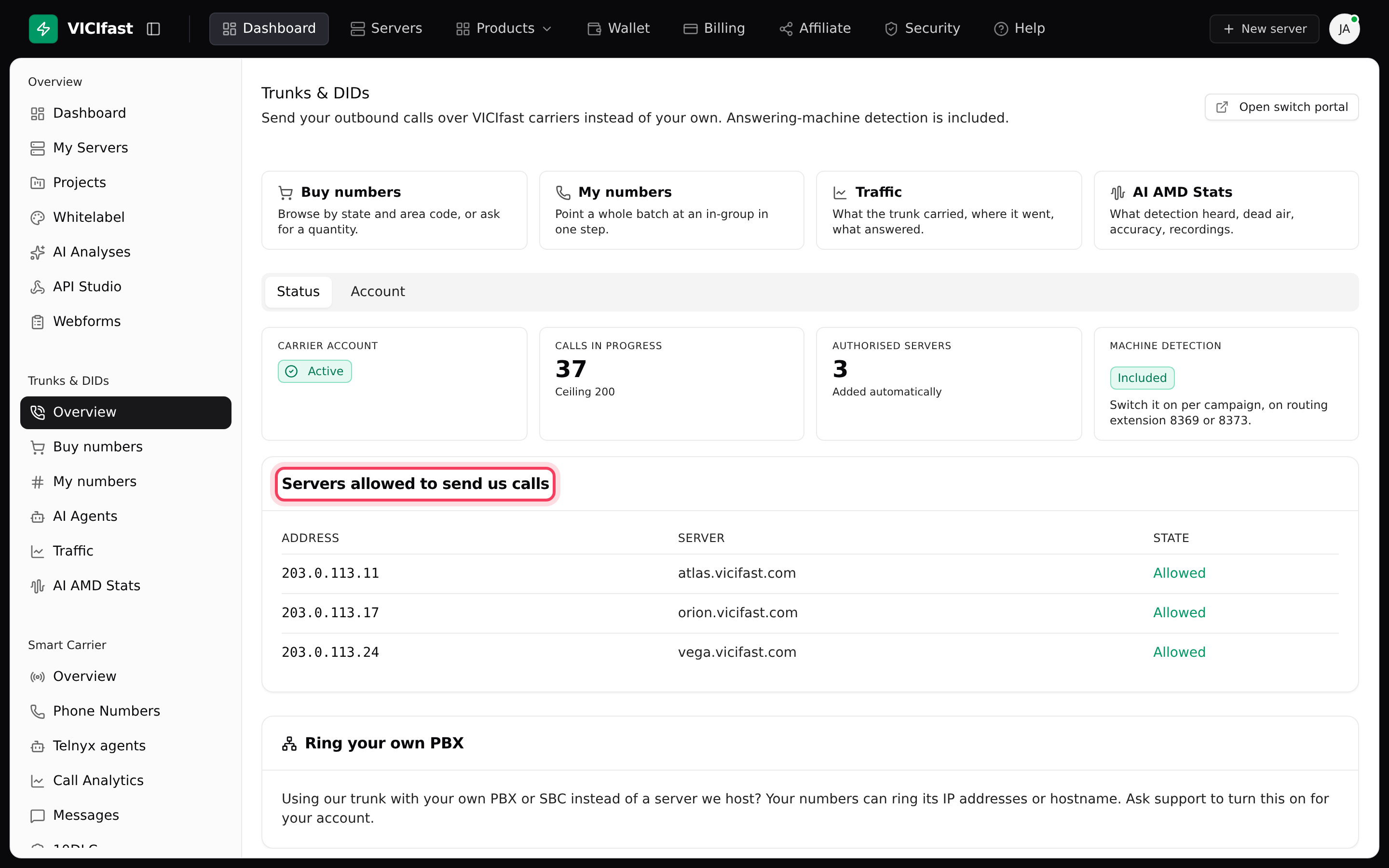 Trunks & DIDs Overview: shortcuts to the other pages, and the Status tab
