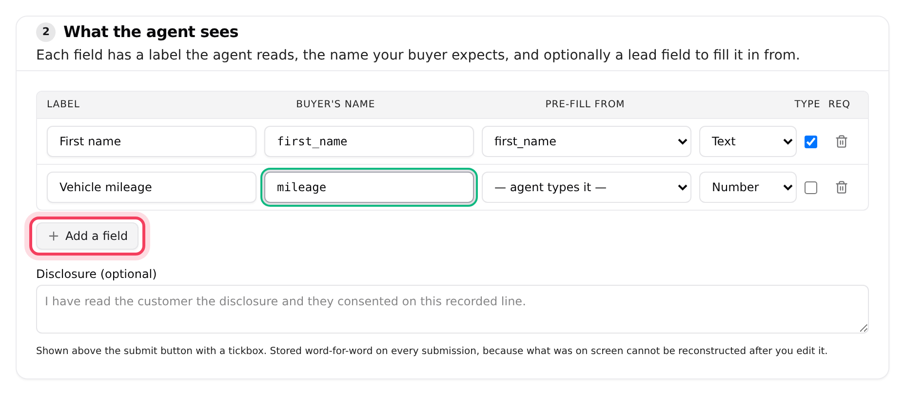 What the agent sees: label, buyer's field name, pre-fill and type for each field