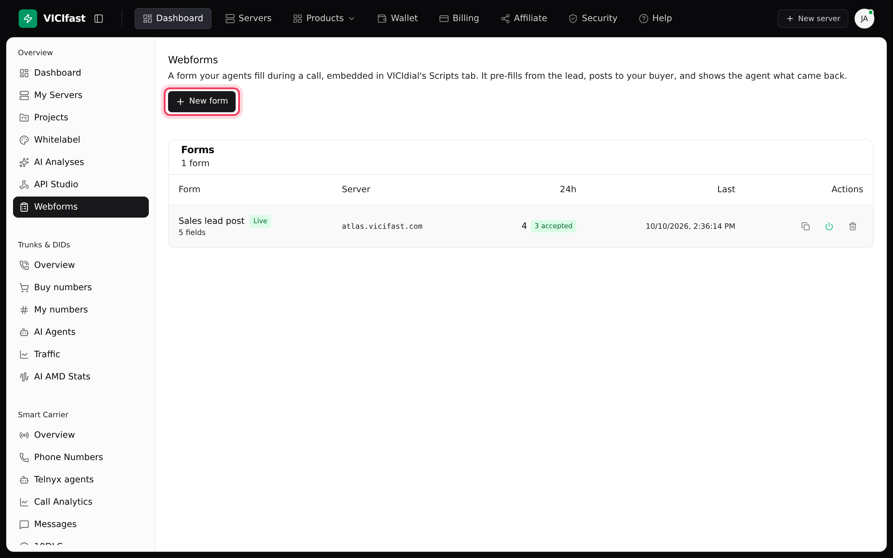 The Webforms page: your forms, their last 24 hours and the New form button
