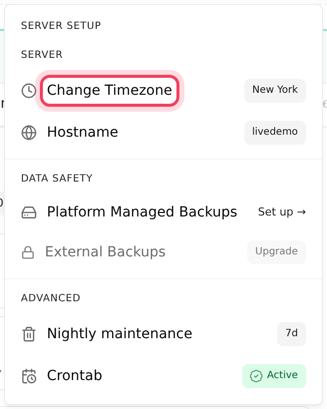Change Timezone in the Configurations menu