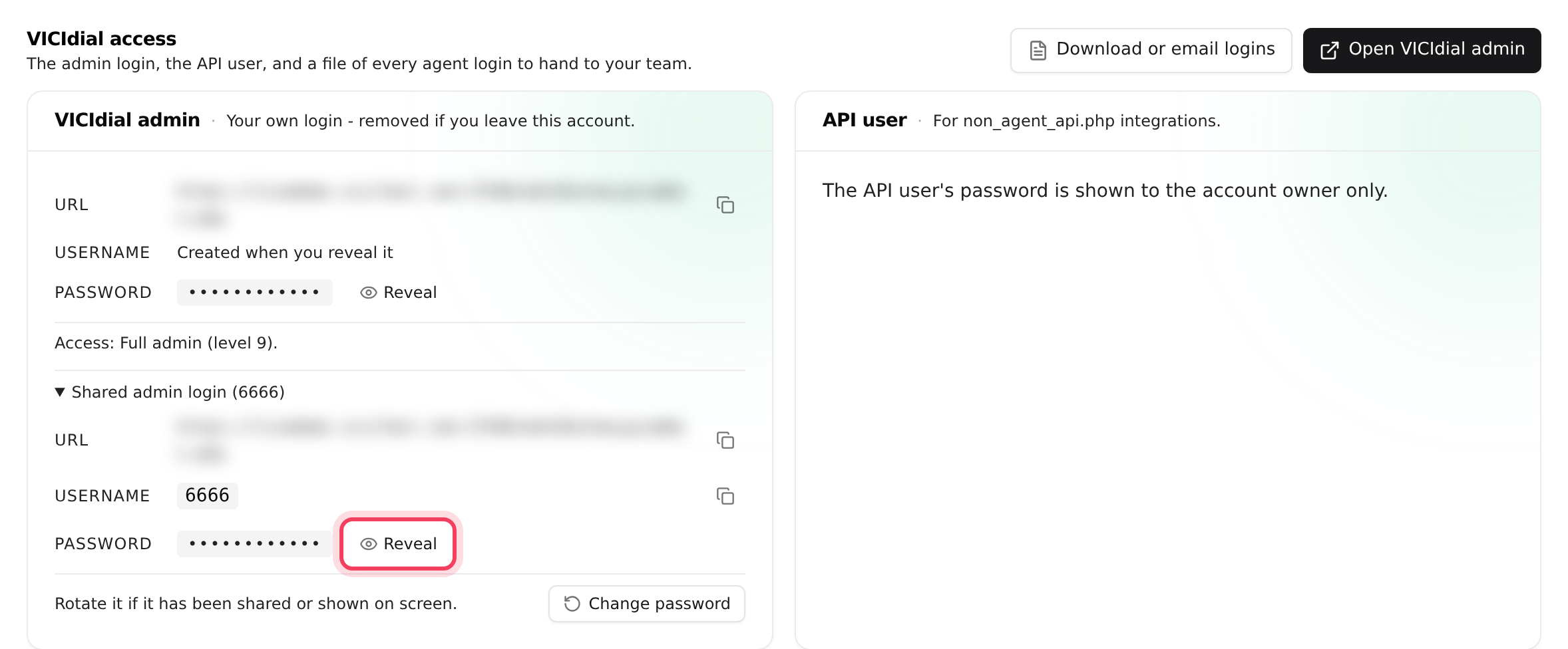 The VICIdial access panel with the admin and API user cards