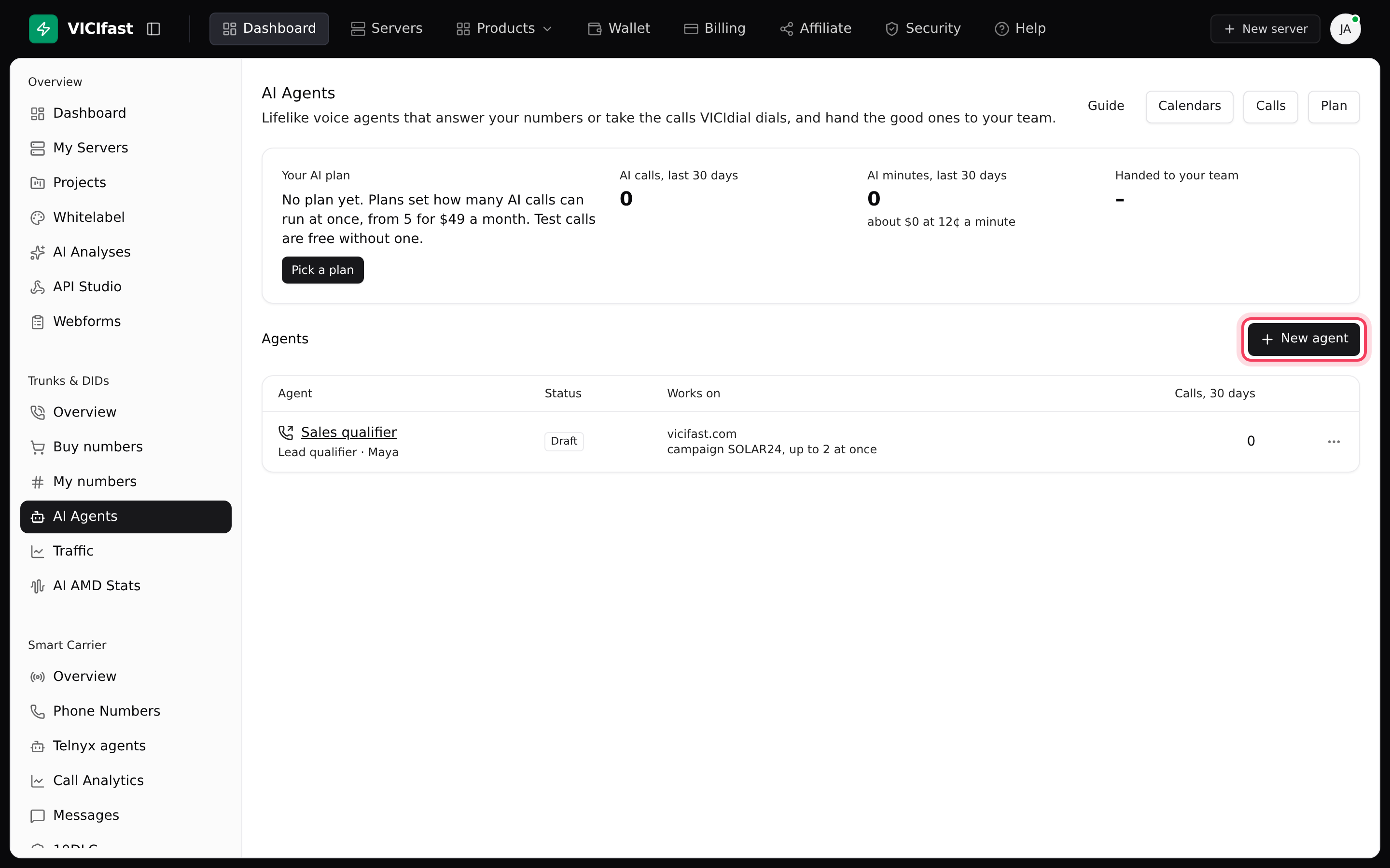AI Agents: your plan and the last 30 days at the top, your agents below