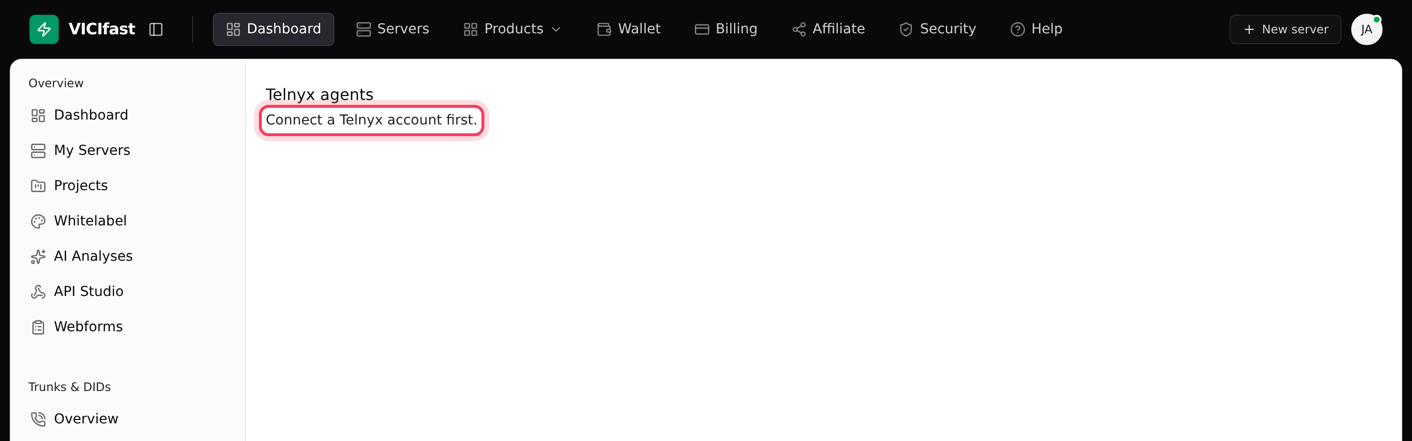 Telnyx agents before you connect a Telnyx account: the page asks you to connect one first
