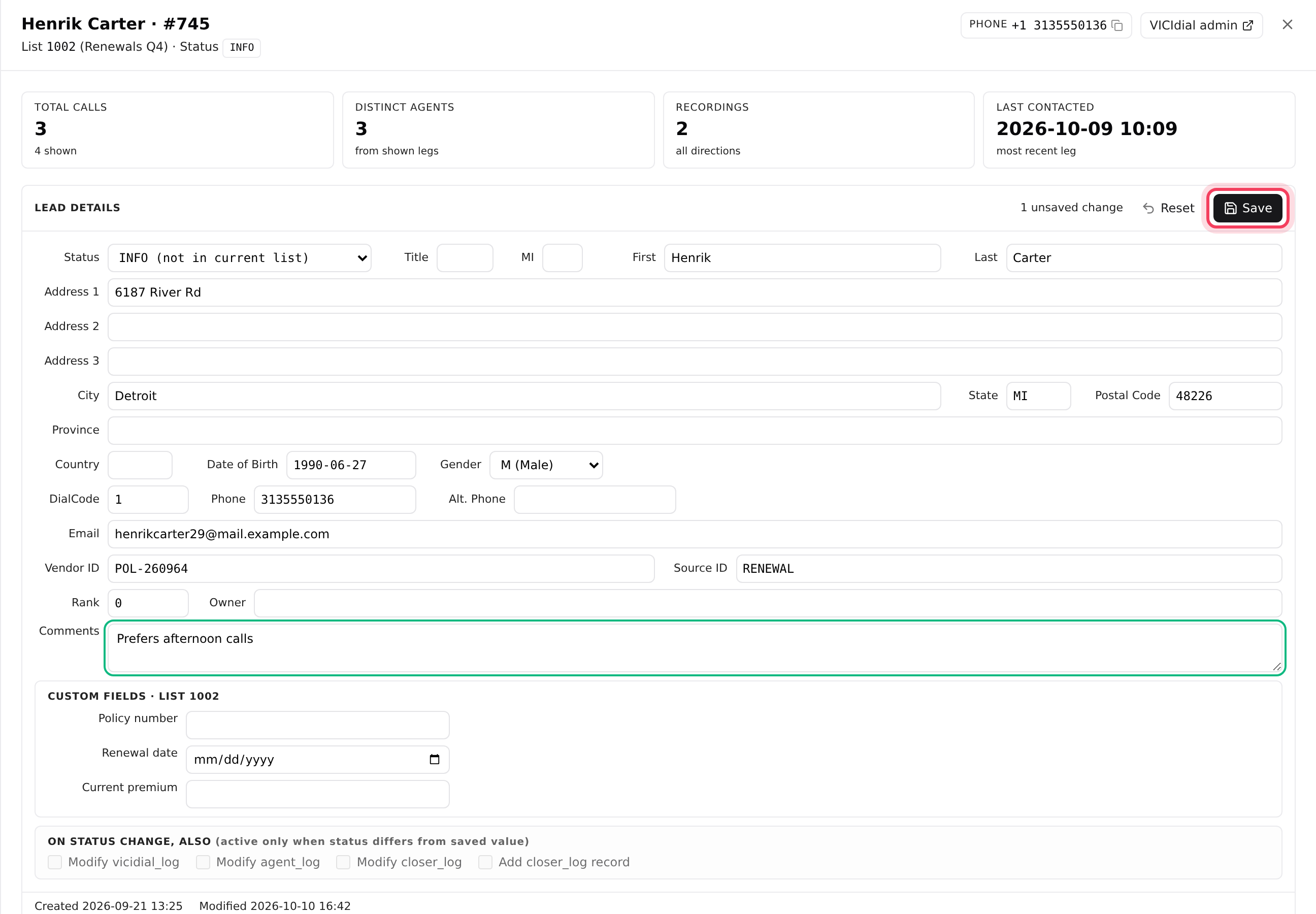 Editing a lead in Lead details; Save is top right