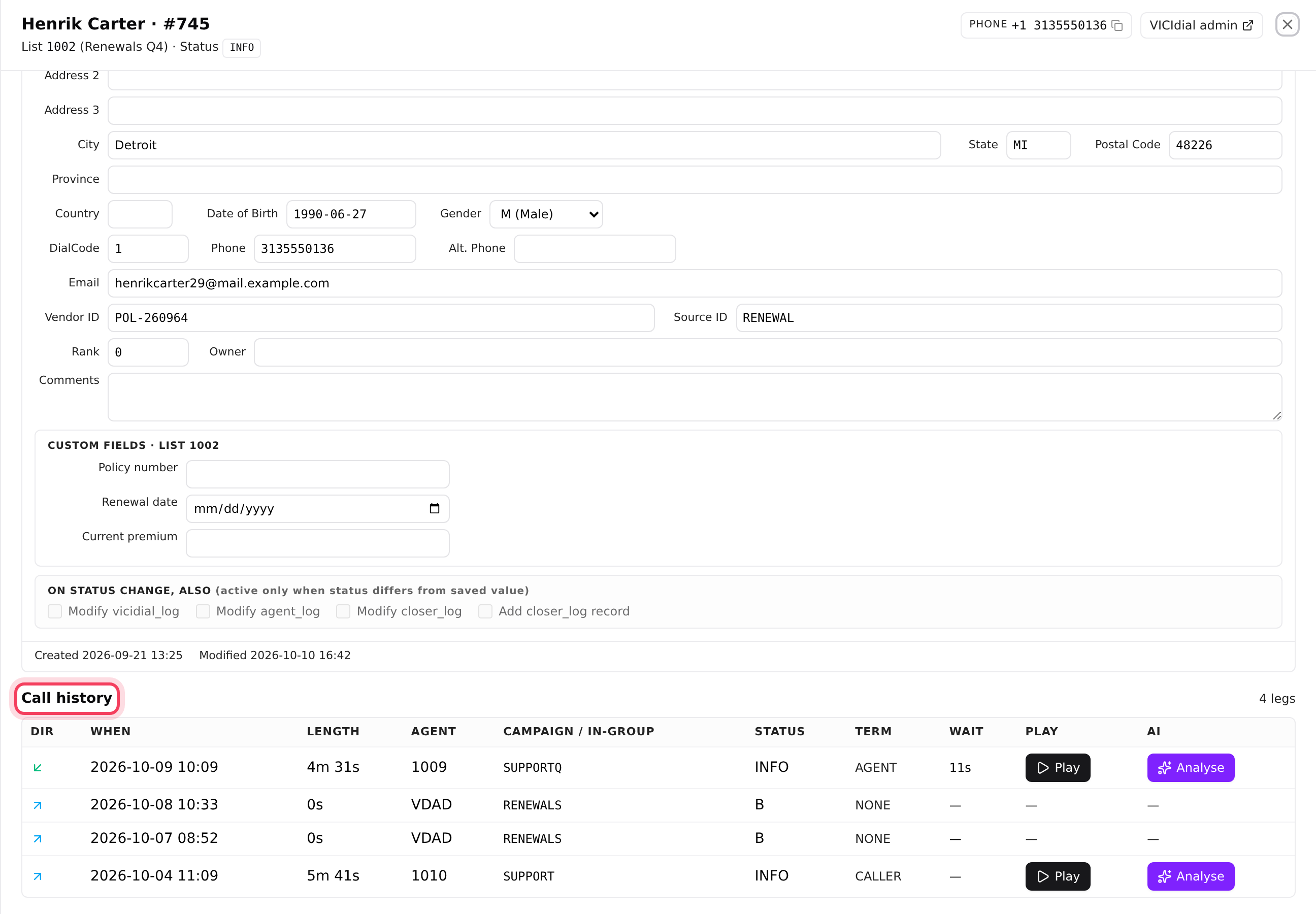 Lead Trace: Call history, with Play and Analyse on each call