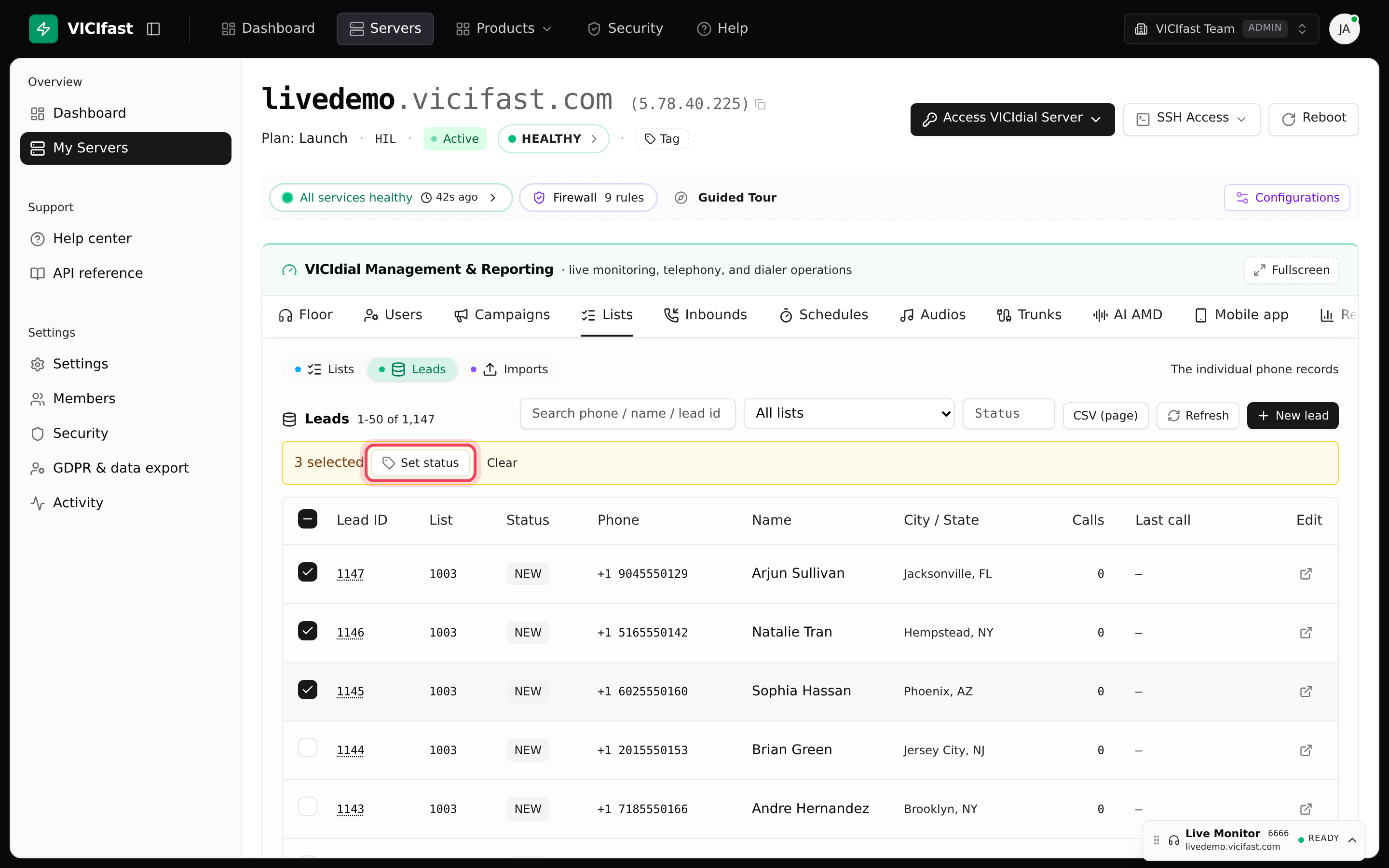 Leads ticked, with Set status in the bar above