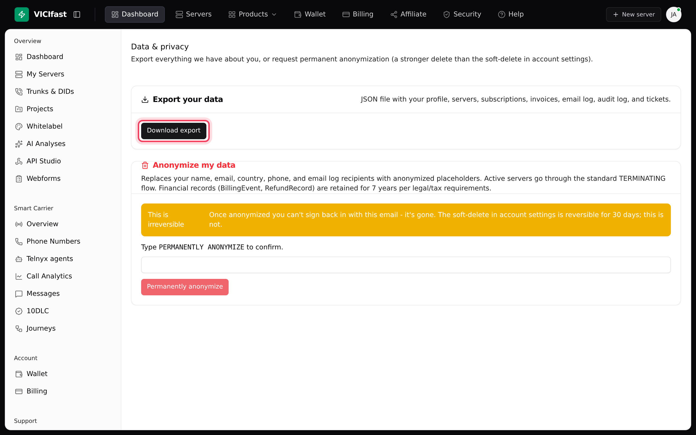 Data & privacy: export your data, or anonymize it