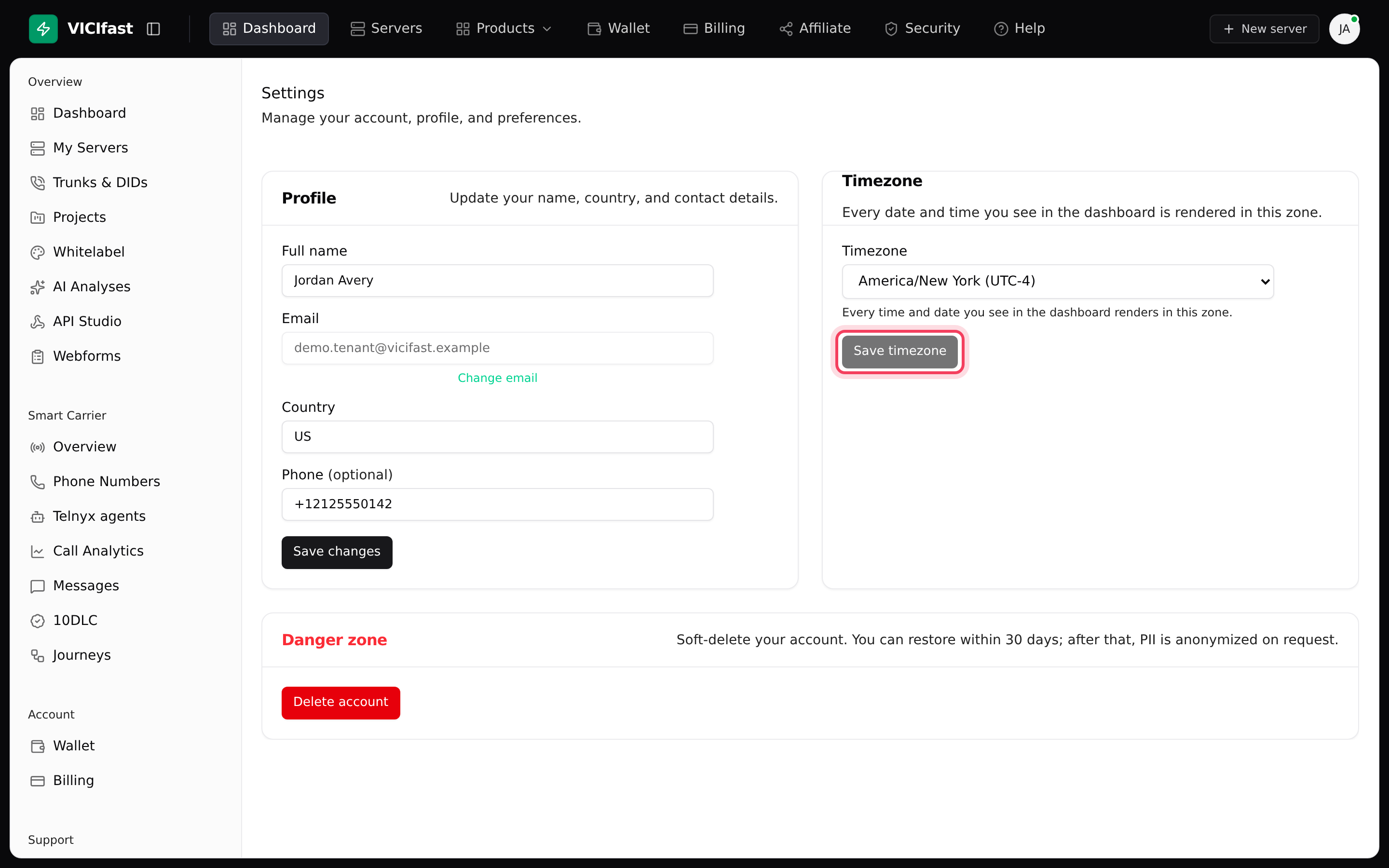 Settings: profile, time zone and the Danger zone