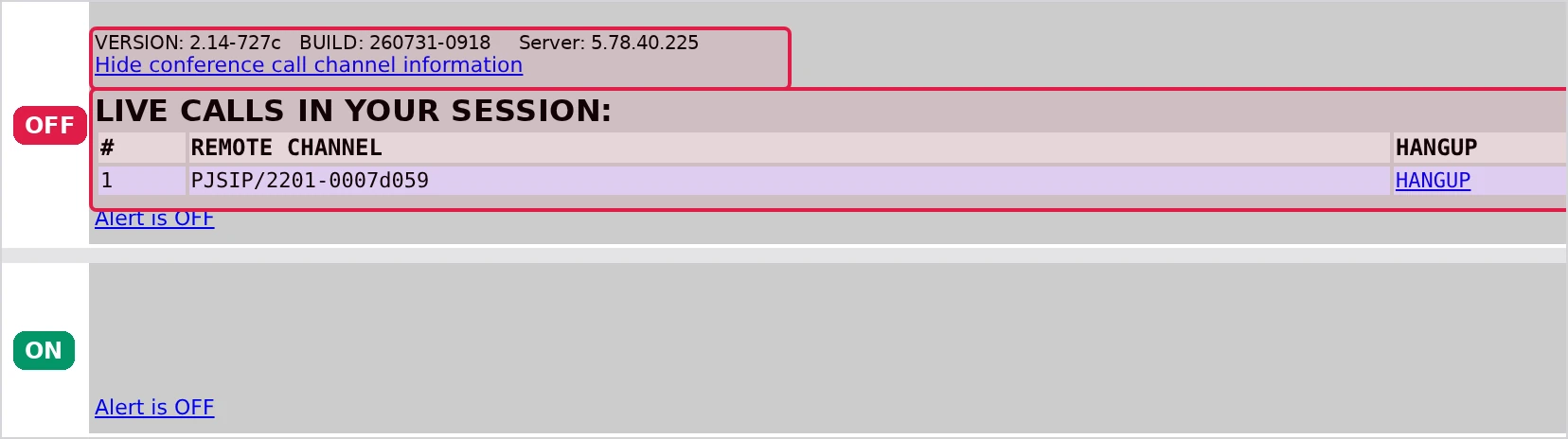 The bottom of the VICIdial agent screen: with Agent privacy mode off, the version line, the conference link and the list of call legs it opens; with it on, none of them