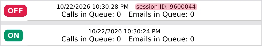 The top of the VICIdial agent screen: with Agent privacy mode off the session ID shows beside the clock; with it on, only the clock