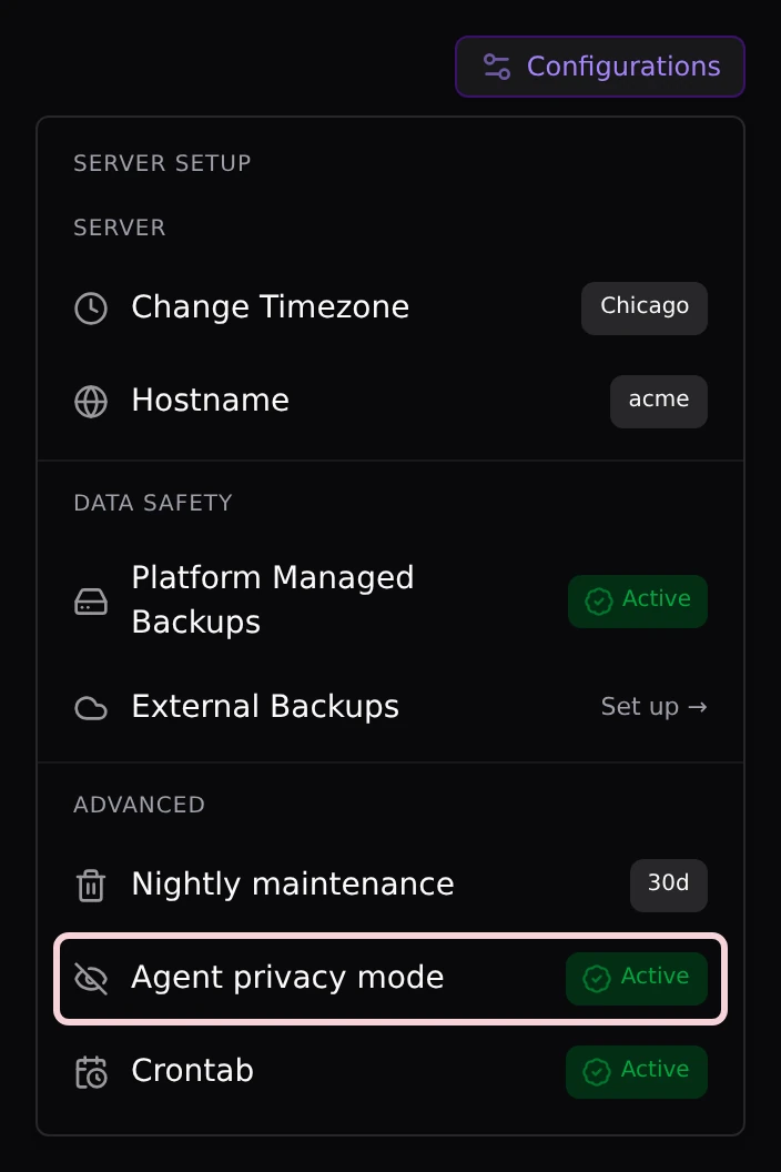 The Configurations menu on a server page, with Agent privacy mode marked Active