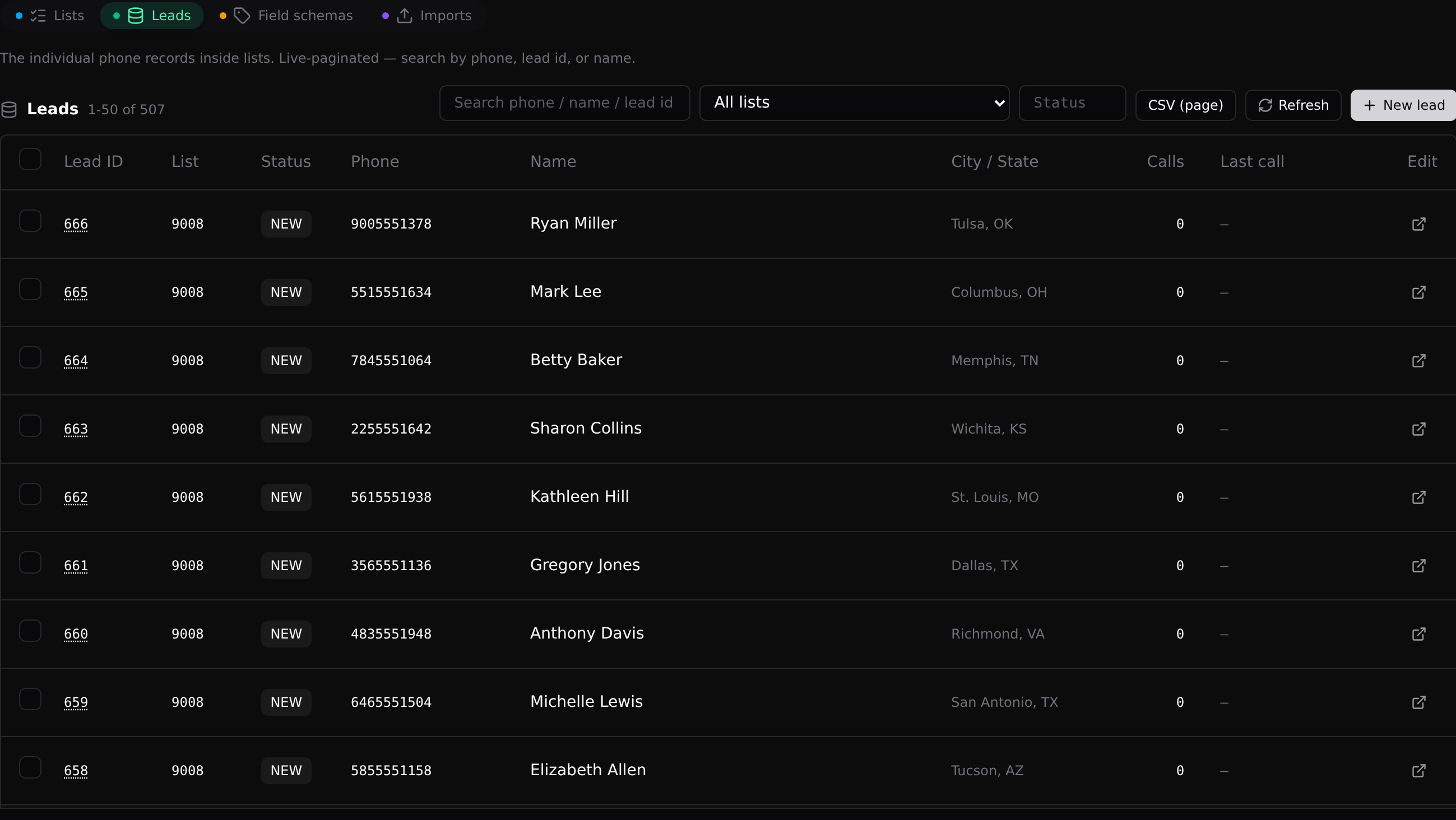 The Leads sub-tab: every imported record, searchable by phone, name, or lead ID