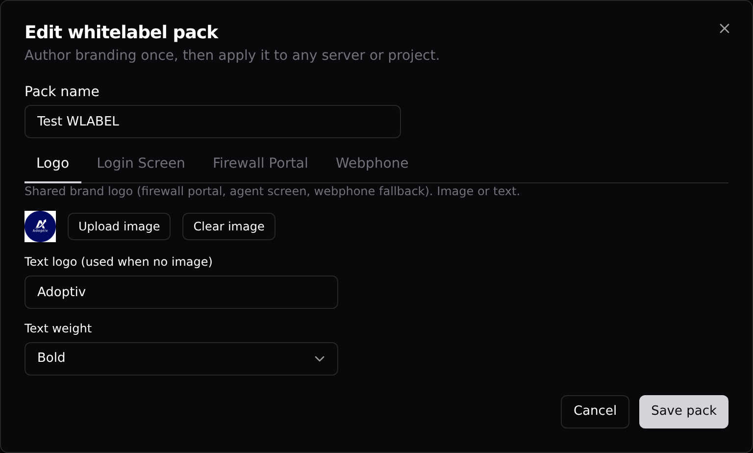 The pack editor on the Logo tab: image upload, text logo, and text weight