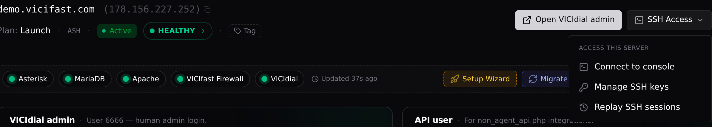 The server header: name, click-to-copy IP, Open VICIdial admin, and the SSH Access menu