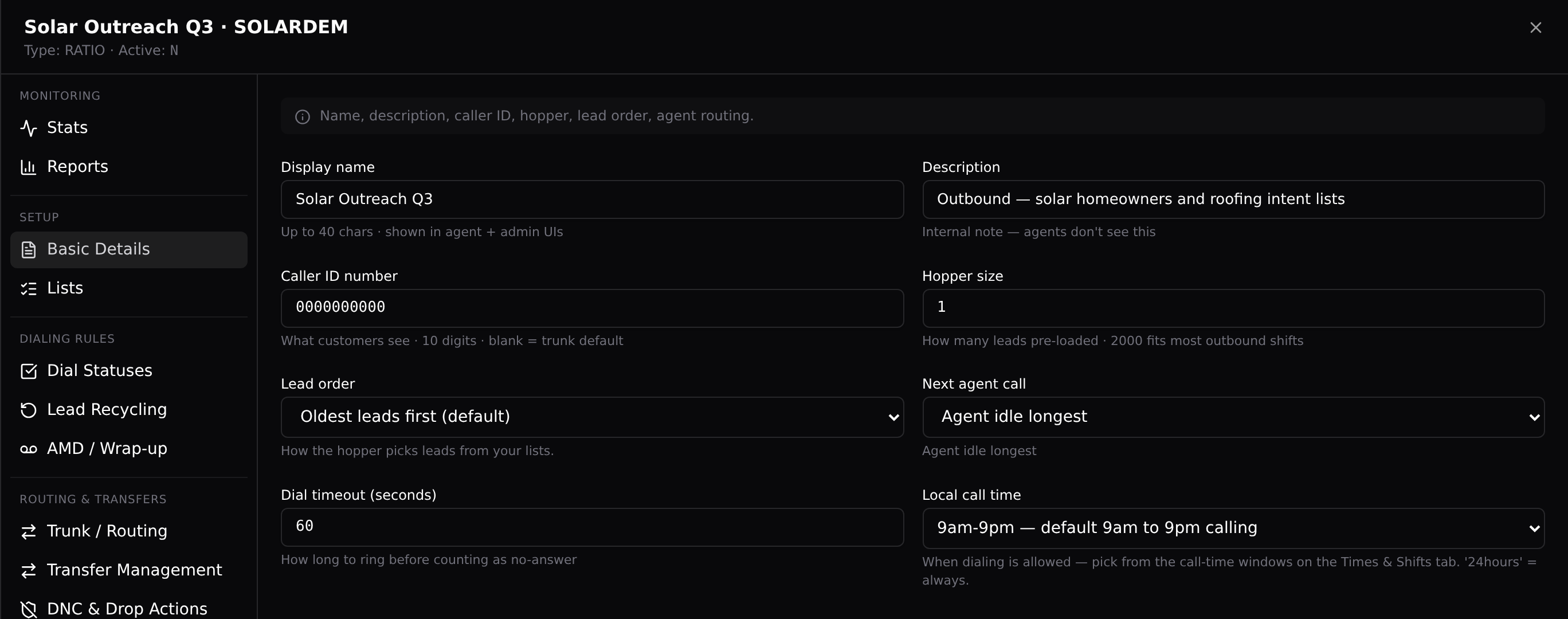 The campaign sheet, Basic Details: caller ID, hopper size, calling window