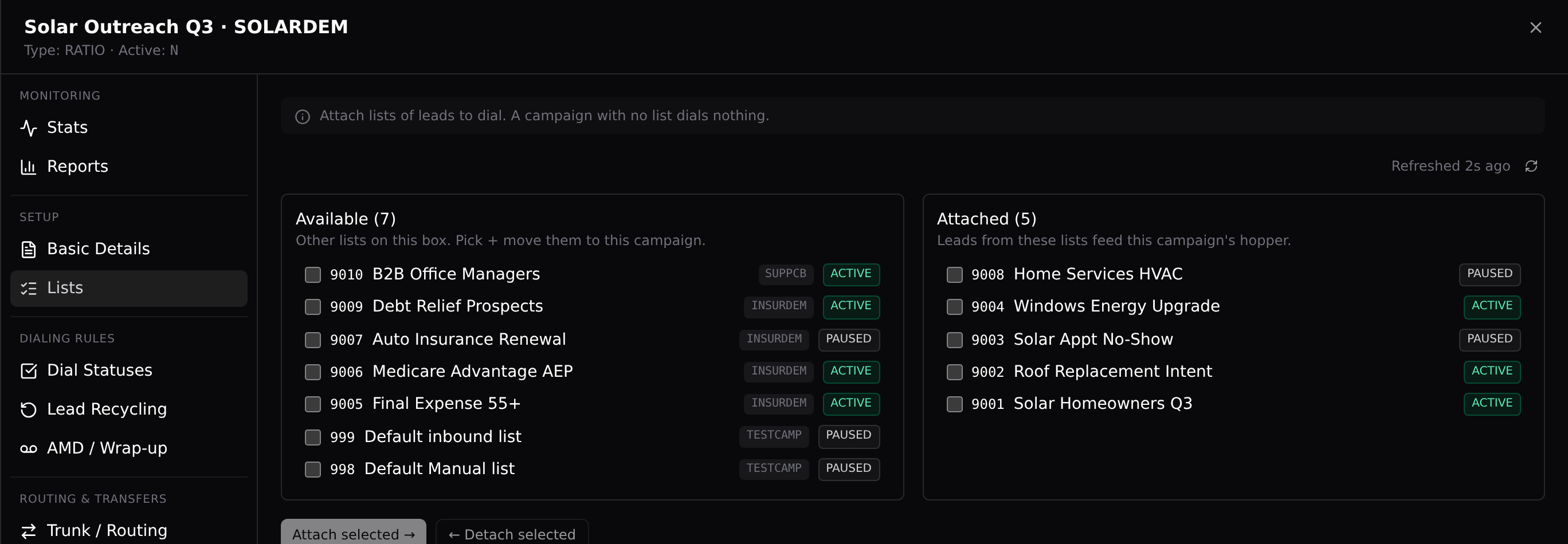 The Lists page of the campaign sheet: pick from Available, attach, keep it ACTIVE