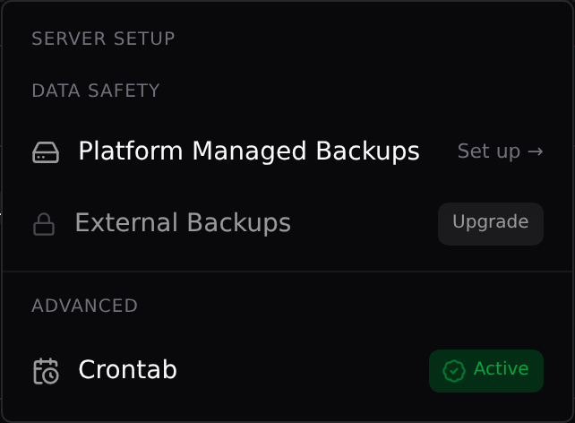 The Configurations menu: Platform Managed Backups and External Backups under Data safety