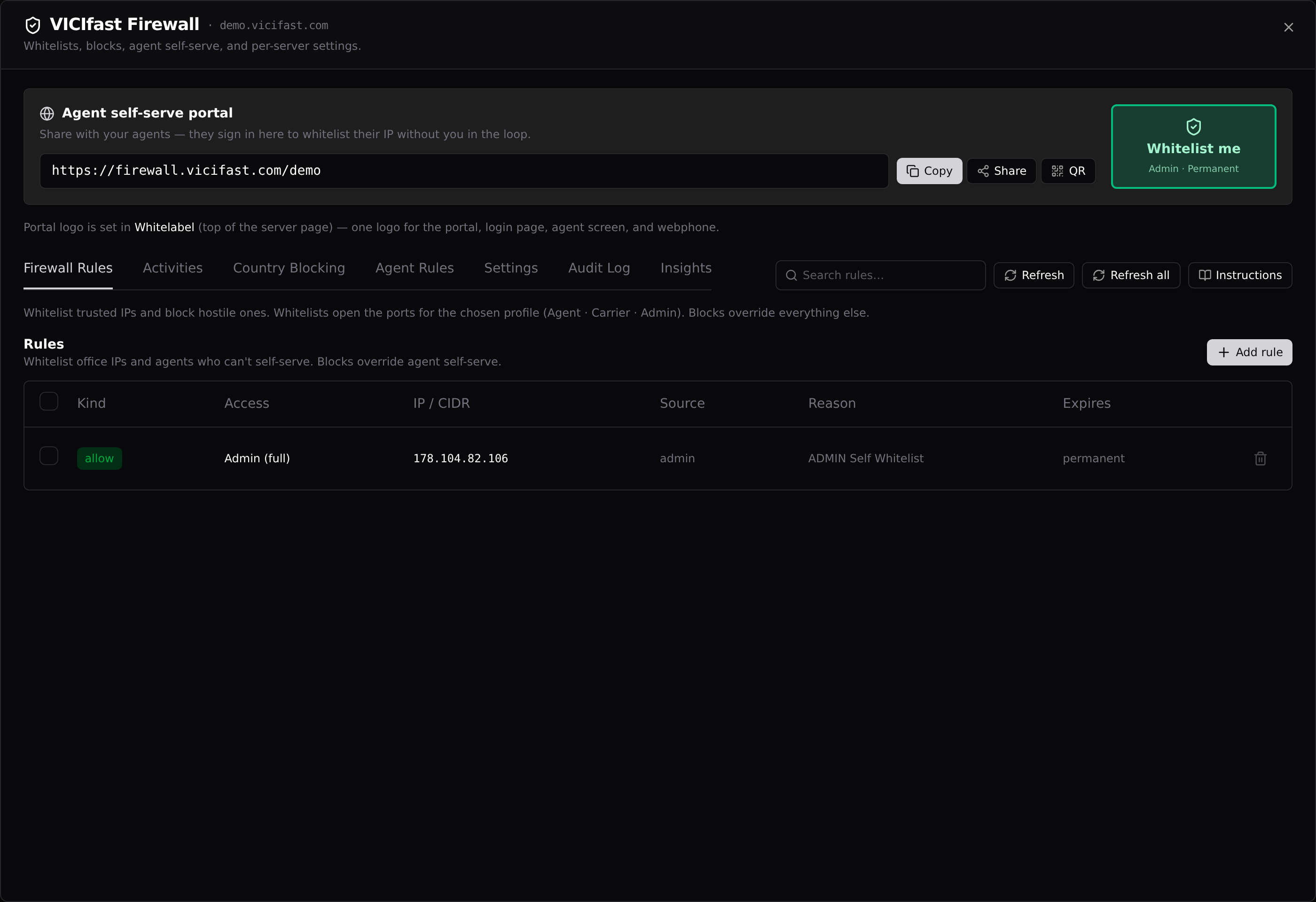 The Manage Firewall modal: portal banner on top, seven tabs below