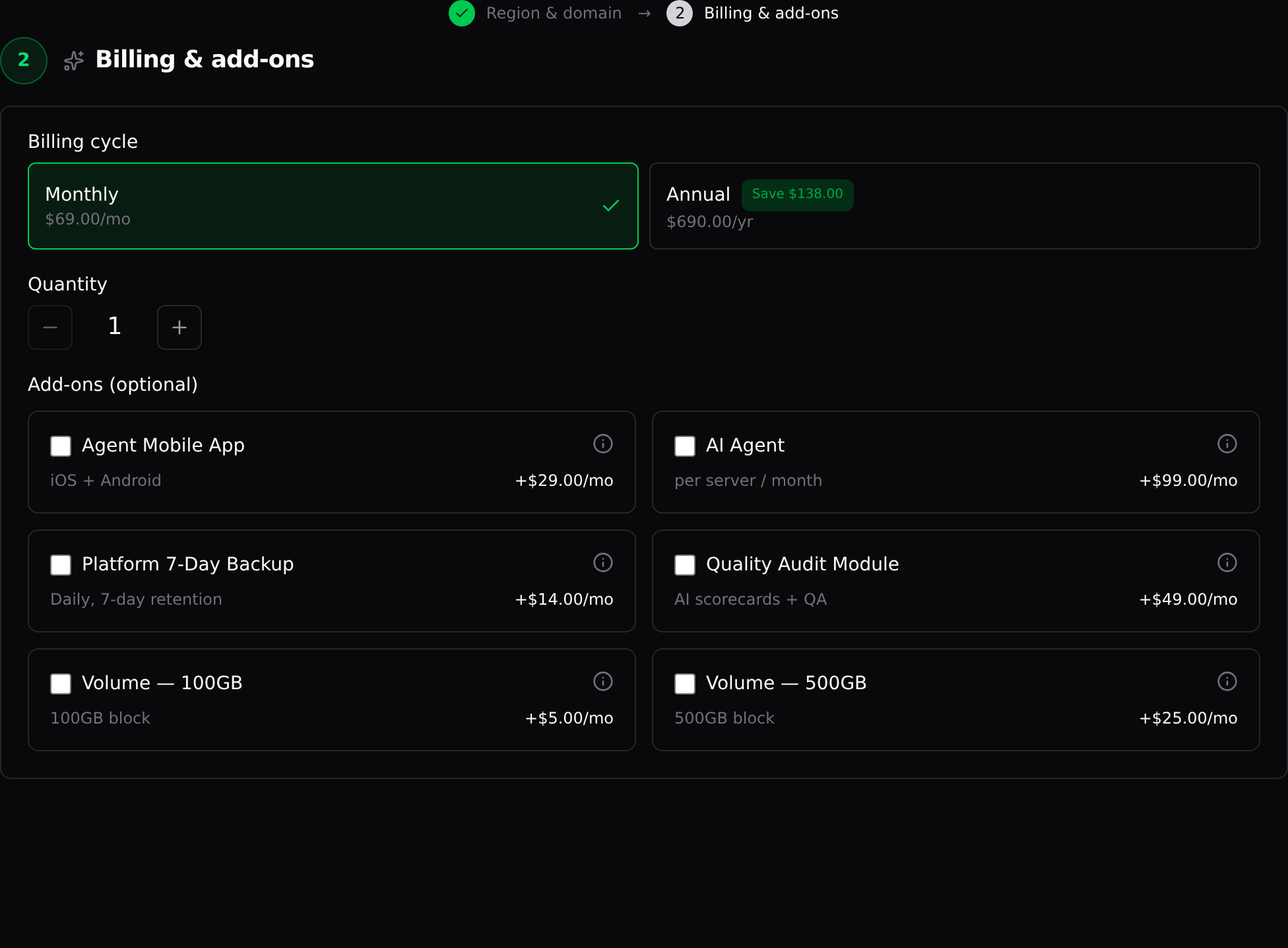 Configure step 2: billing cycle, quantity, and the add-on cards