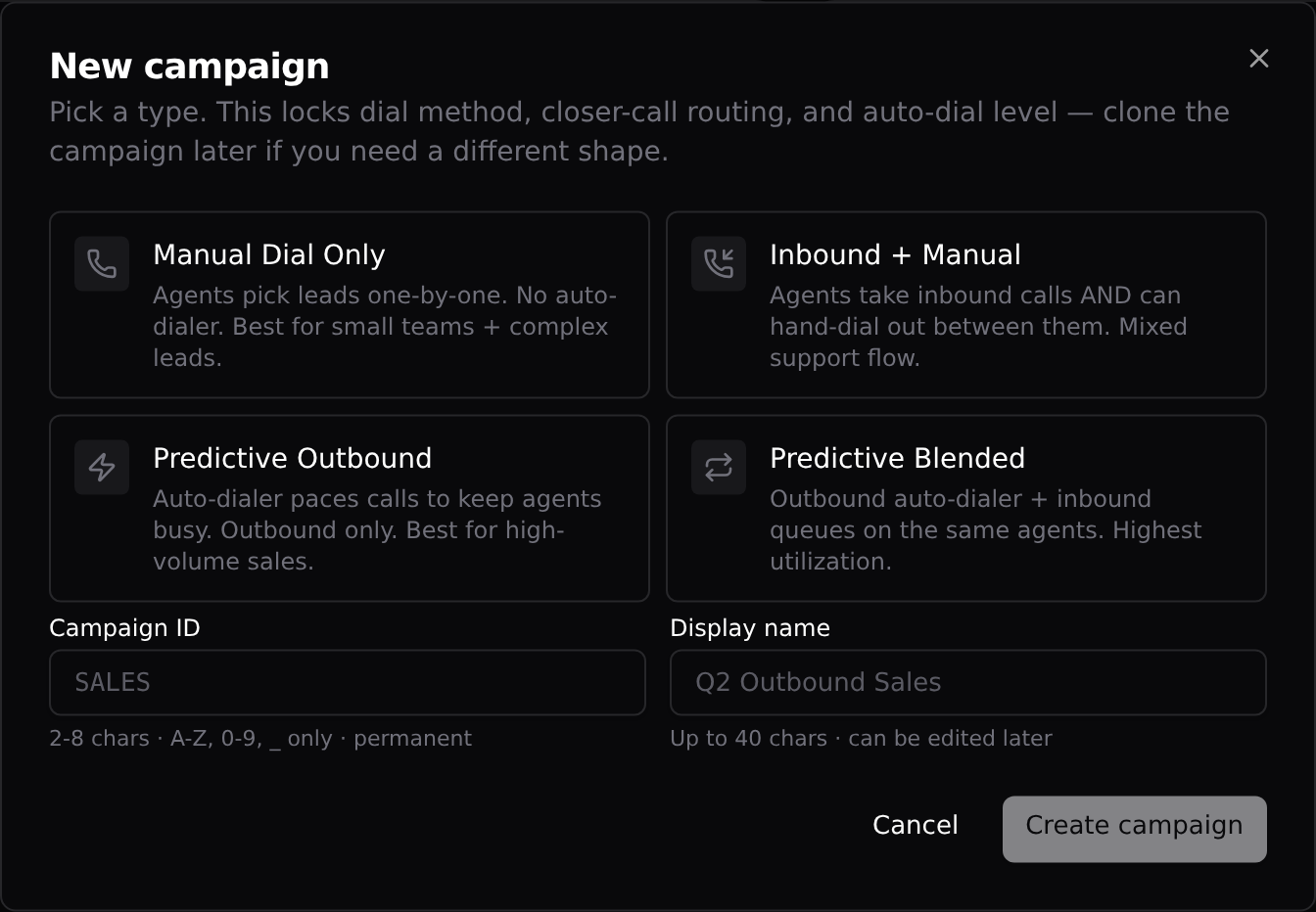 The New campaign dialog: four types, a Campaign ID, and a display name