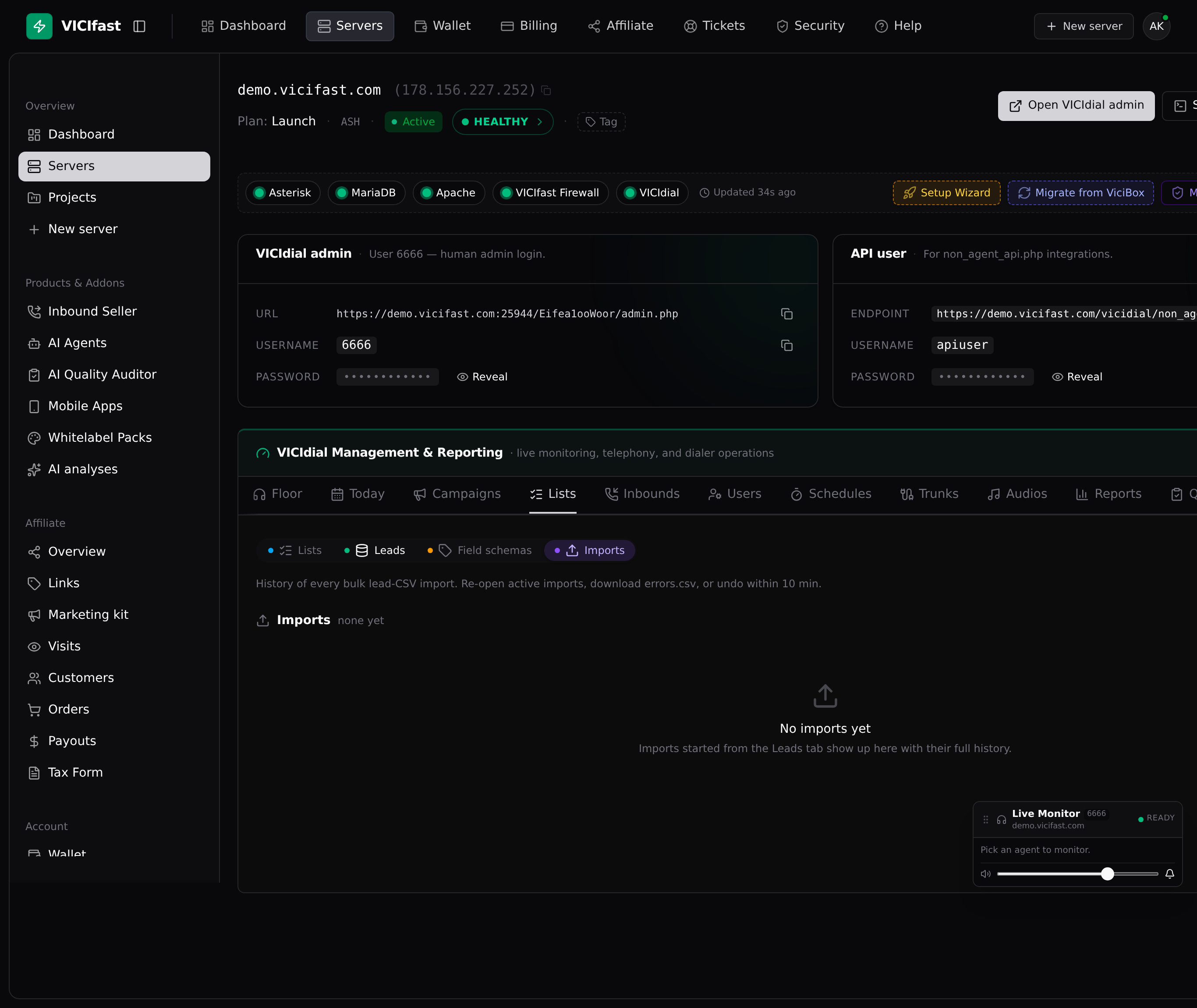 The Imports sub-tab lists every bulk import with history and a 10-minute undo window